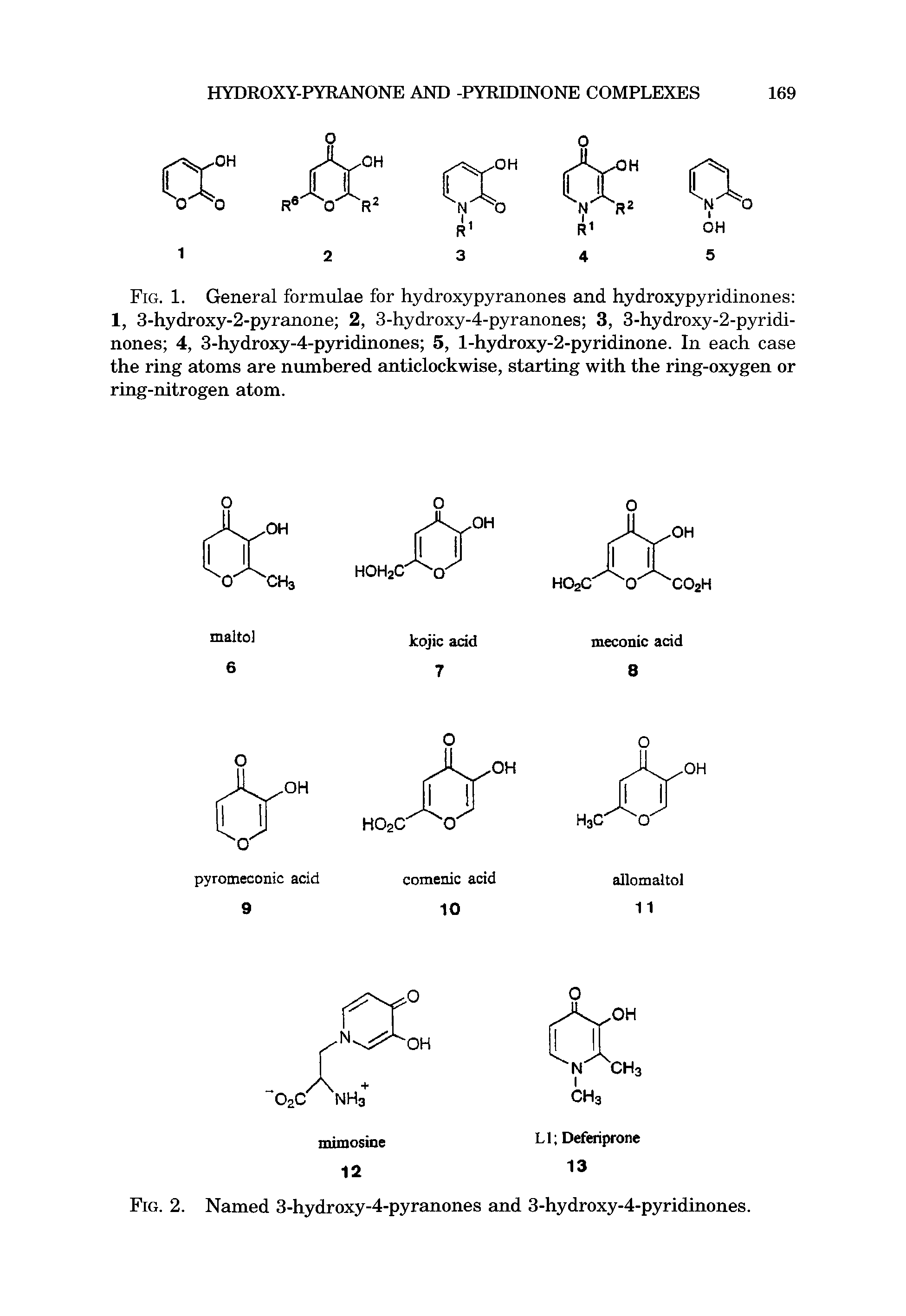 Fig. 1. General formulae for hydroxypyranones and hydroxypyridinones 1, 3-hydroxy-2-pyranone 2, 3-hydroxy-4-pyranones 3, 3-hydroxy-2-pyridi-nones 4, 3-hydroxy-4-pyridinones 5, l-hydroxy-2-pyridinone. In each case the ring atoms are numbered anticlockwise, starting with the ring-oxygen or ring-nitrogen atom.