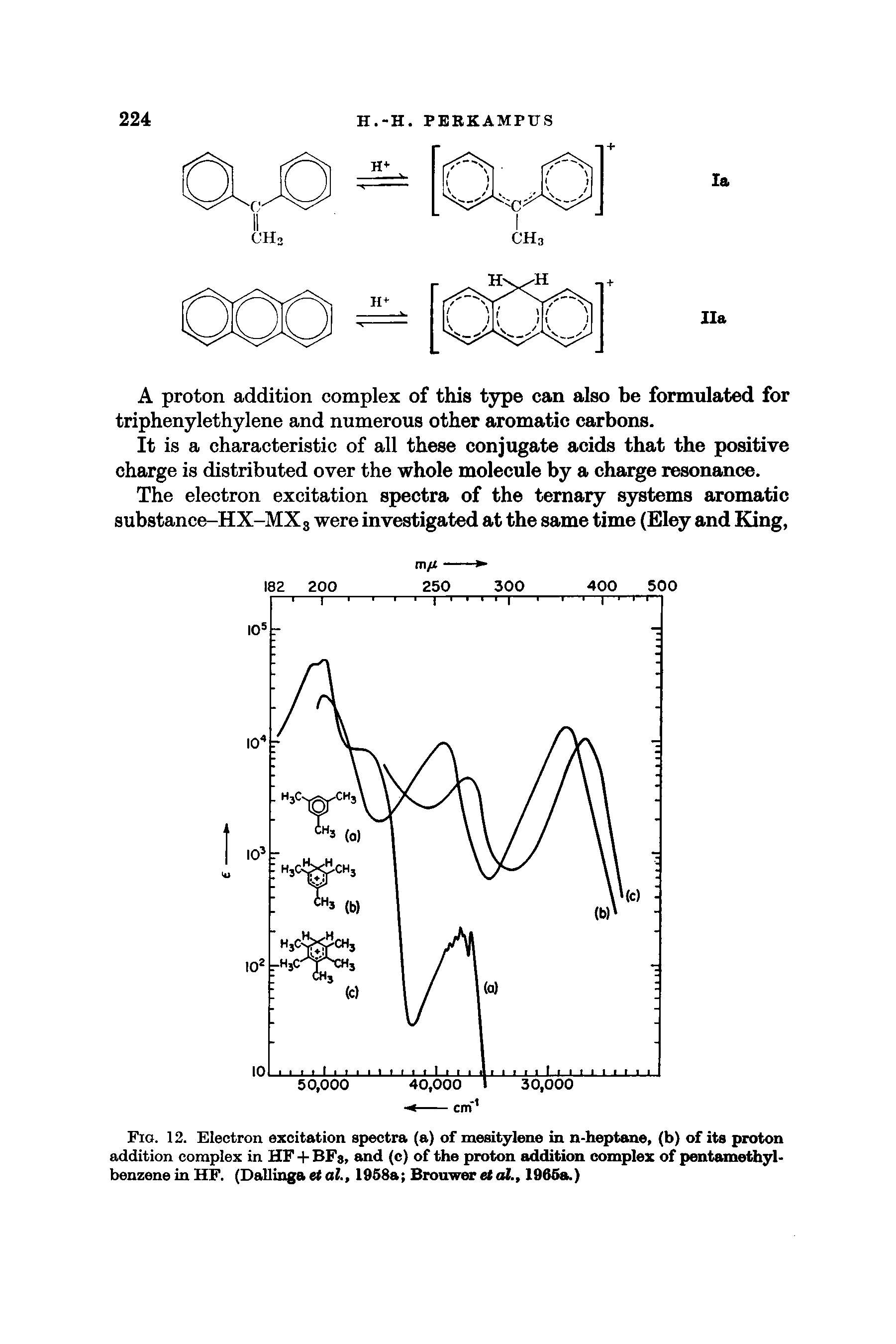 Fig. 12. Electron excitation spectra (a) of mesitylene in n-heptane, (b) of its proton addition complex in HF + BFs, and (c) of the proton addition complex of pentamethyl-benzene in HF. (DaUinga et al., 1968a Brouwer et cU., 1966sk)...