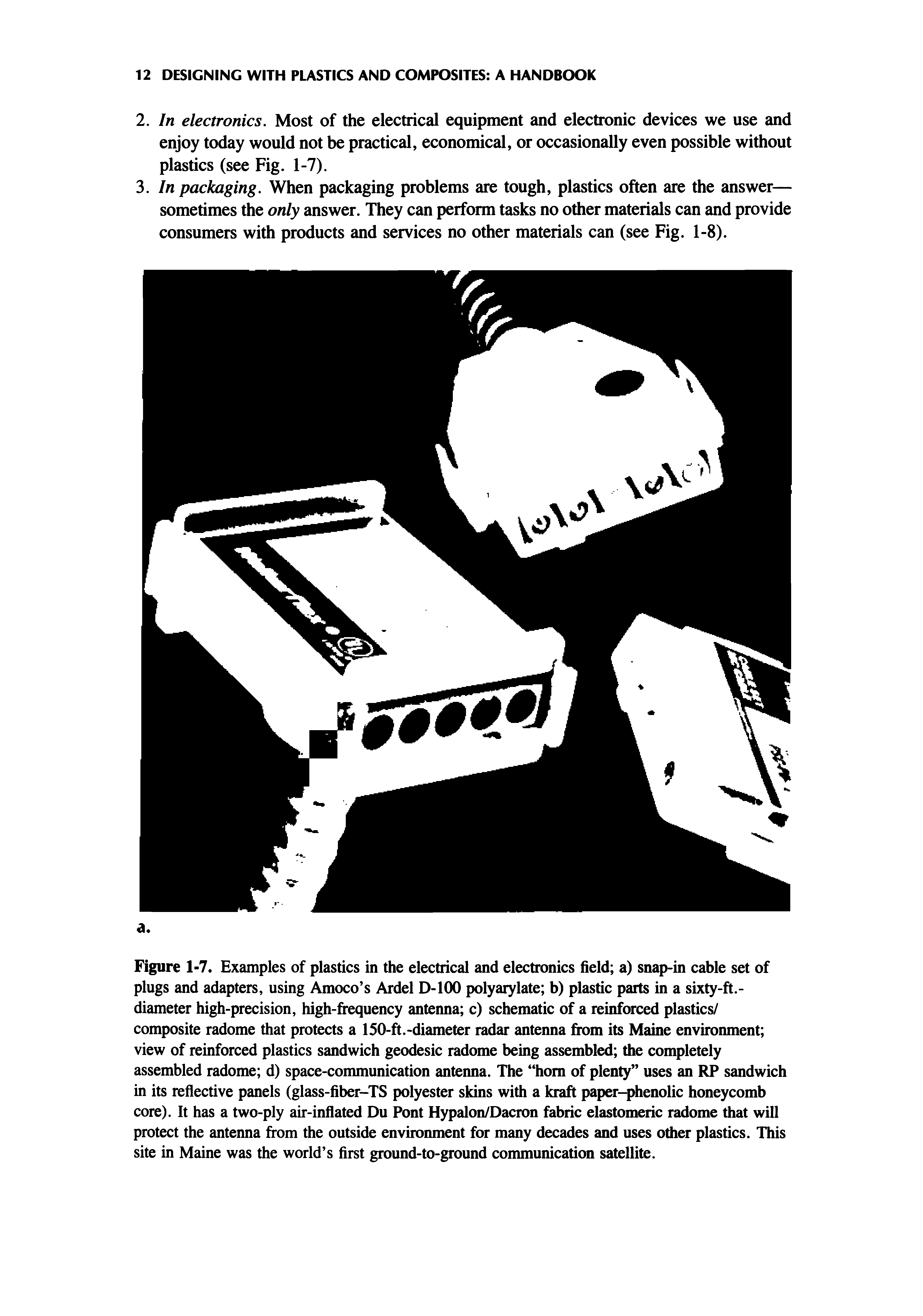 Figure 1-7. Examples of plastics in the electrical and electronics field a) snap-in cable set of plugs and adapters, using Amoco s Ardel D-lOO polyarylate b) plastic parts in a sixty-ft.-diameter high-precision, high-frequency antenna c) schematic of a reinforced plastics/ composite radome that protects a 150-ft.-diameter radar antenna from its Maine environment view of reinforced plastics sandwich geodesic radome being assembled the completely assembled radome d) space-communication antenna. The horn of plenty uses an RP sandwich in its reflective panels (glass-fiber-TS polyester skins with a kraft paper-phenolic honeycomb core). It has a two-ply air-inflated Du Pont Hypalon/Dacron fabric elastomeric radome that will protect the antenna from the outside environment for many decades and uses other plastics. This site in Maine was the world s first ground-to-ground conununication satellite.