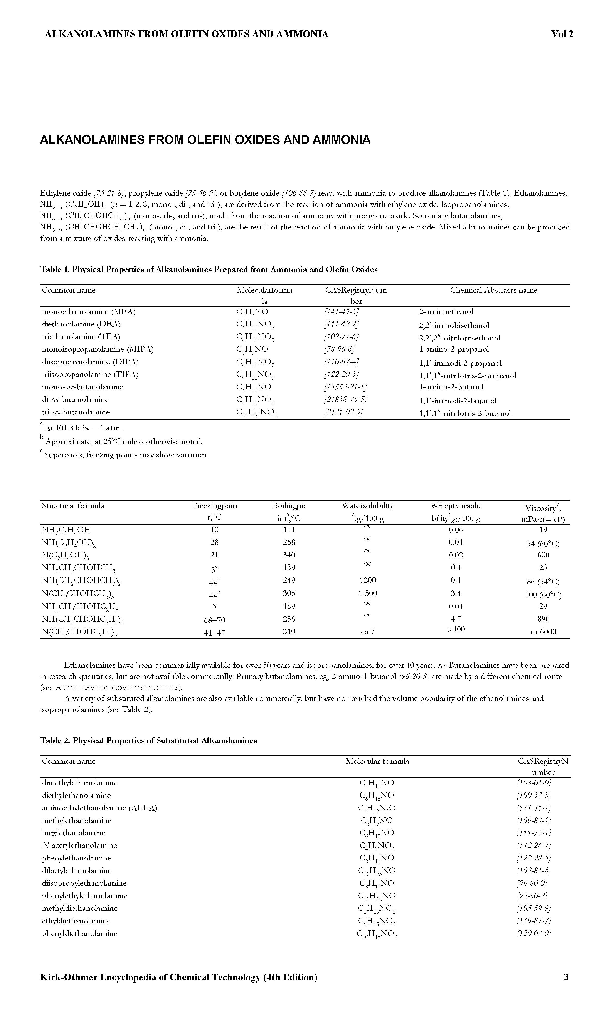 Table 1. Physical Properties of Alkanolamines Prepared from Ammonia and Olefin Oxides...