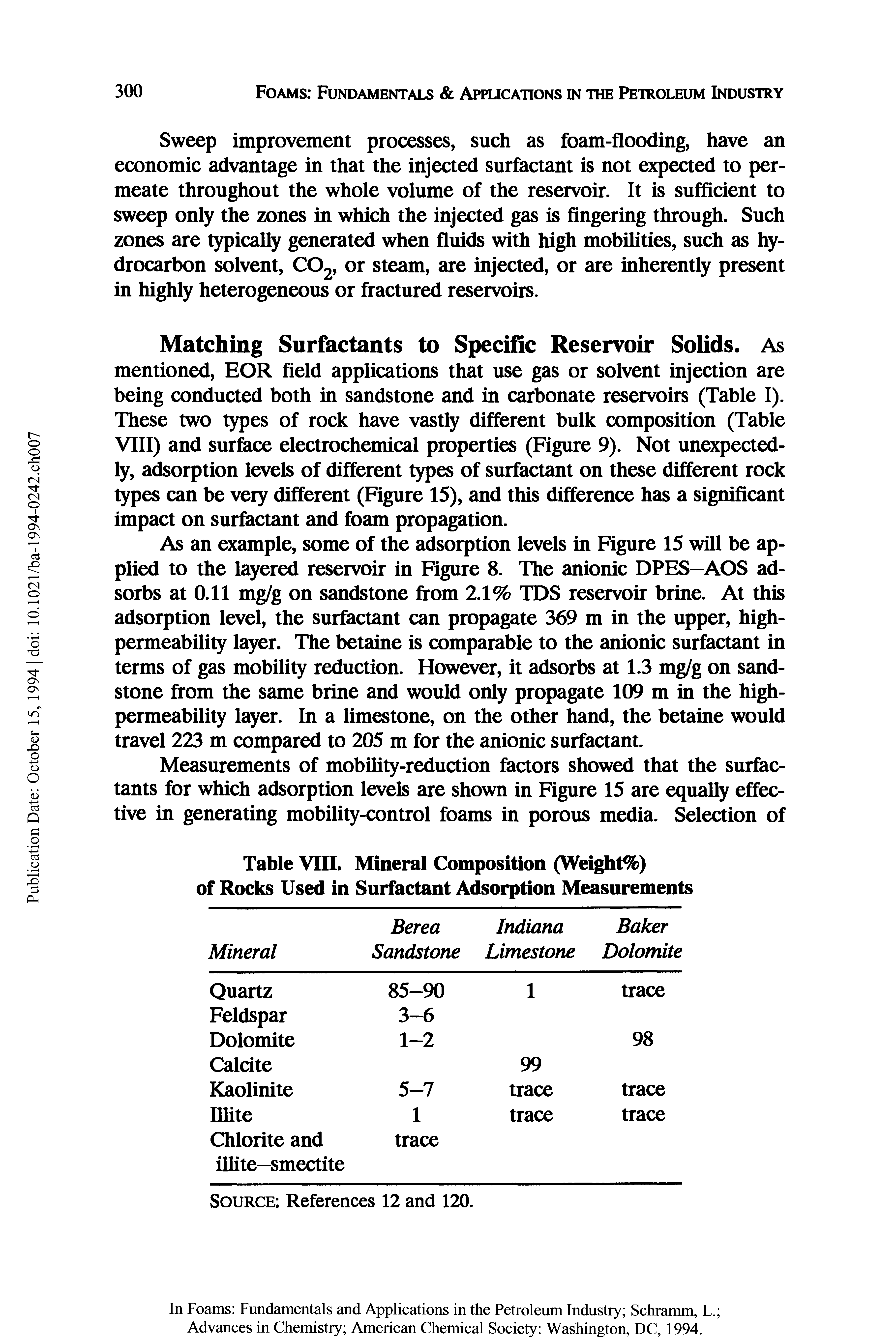 Table VIIL Mineral Composition (Weight%) of Rocks Used in Surfactant Adsorption Measurements...