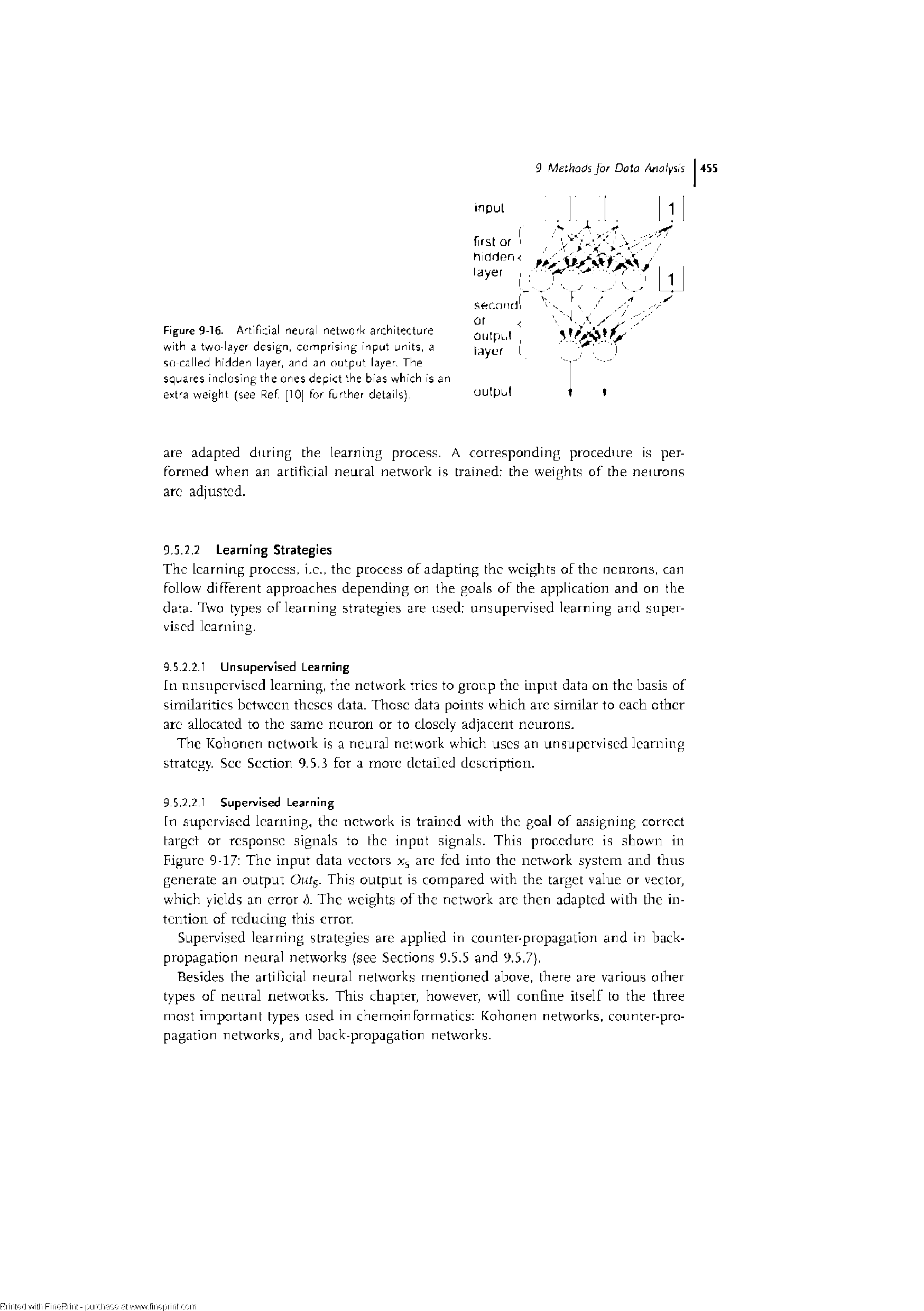 Figure 9-16. ArtiFicial neural network architecture with a two-layer design, compri ing Input units, a so-called hidden layer, and an output layer. The squares Inclosing the ones depict the bias which Is an extra weight (see Ref, [10 for further details),...