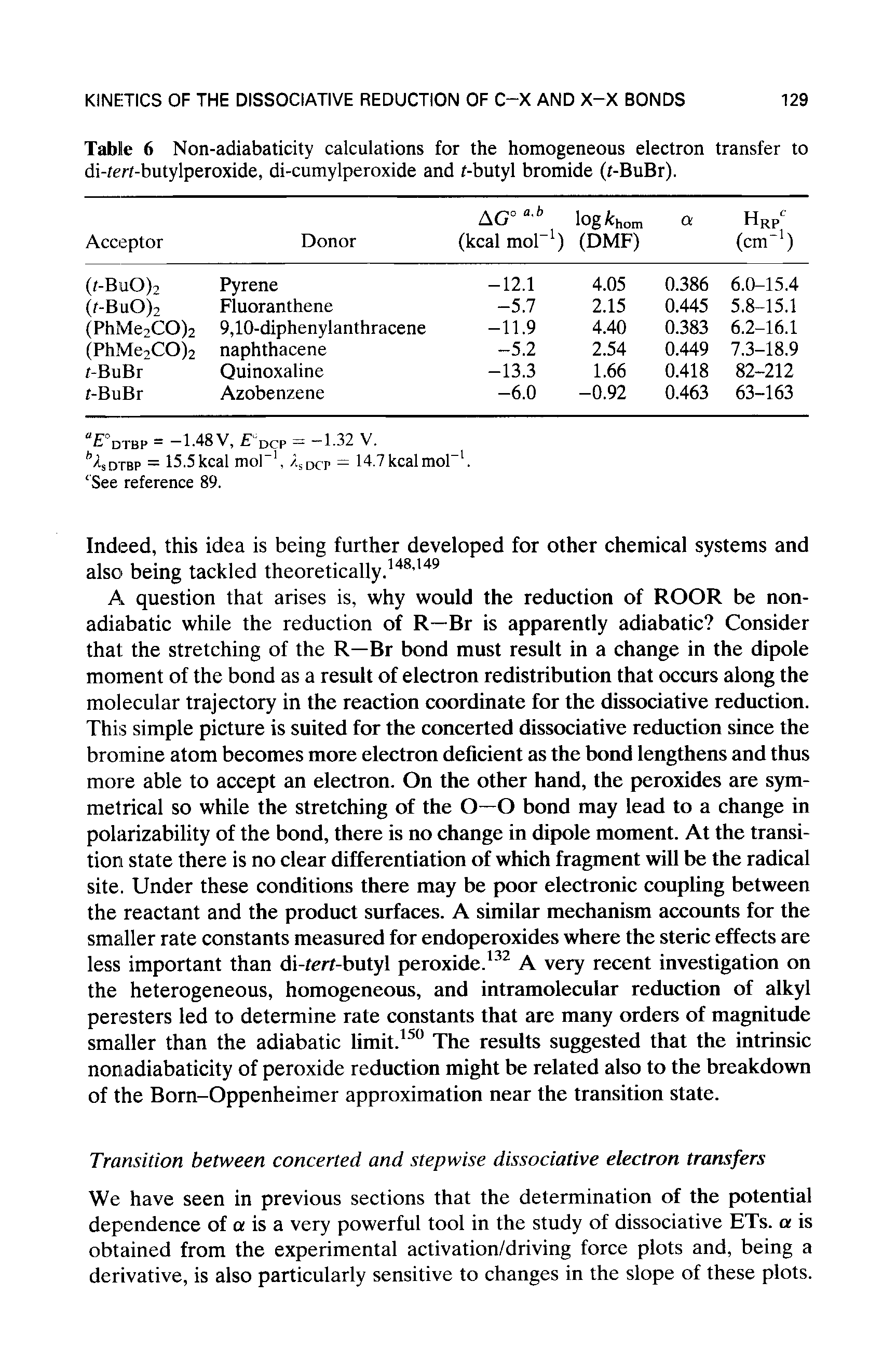 Table 6 Non-adiabaticity calculations for the homogeneous electron transfer to di-tert-butylperoxide, di-cumylperoxide and f-butyl bromide (t-BuBr).