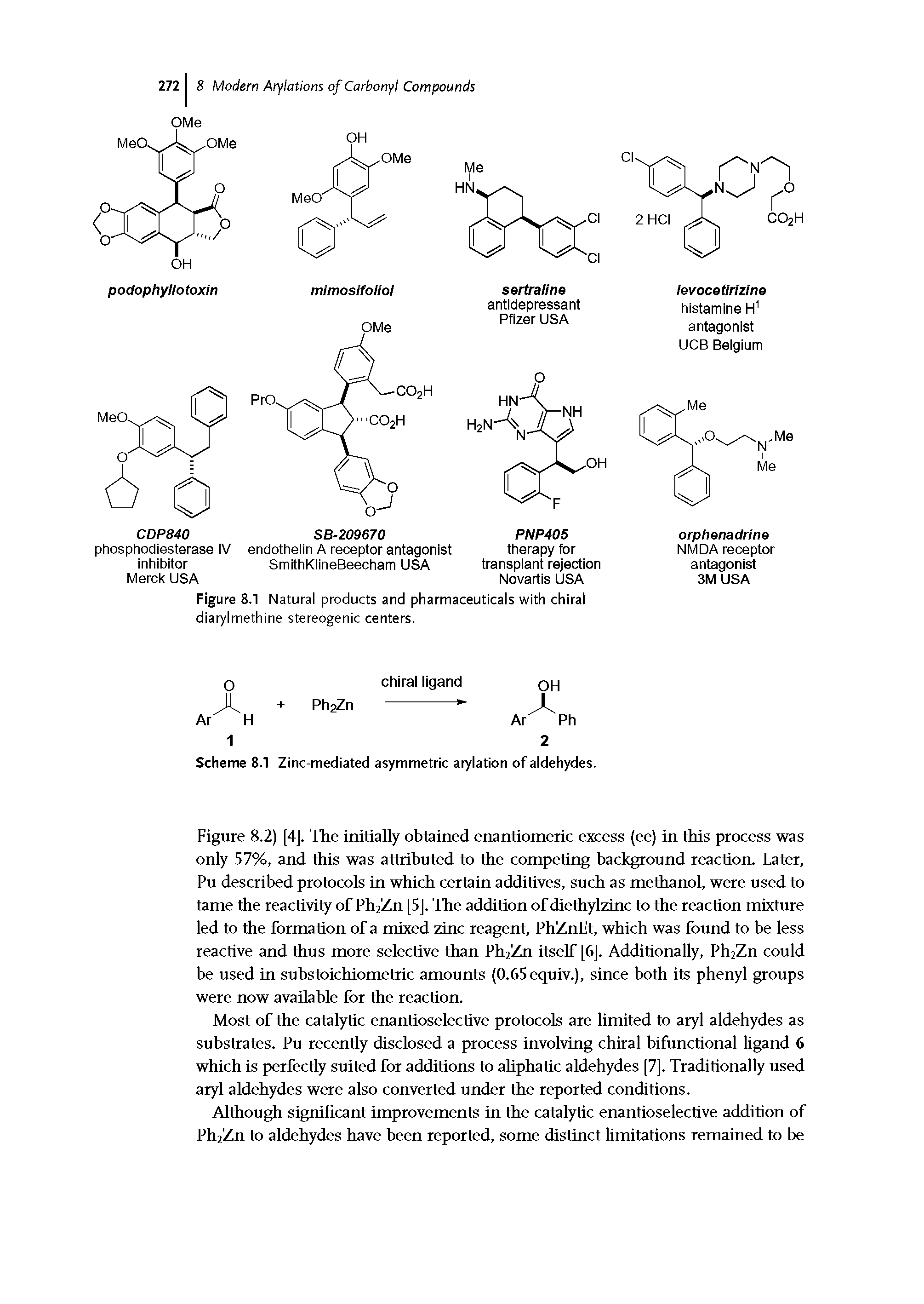 Figure 8.2) [4]. The initially obtained enantiomeric excess (ee) in this process was only 57%, and this was attributed to the competing background reaction. Later, Pu described protocols in which certain additives, such as methanol, were used to tame the reactivity of Ph2Zn [5]. The addition of diethylzinc to the reaction mixture led to the formation of a mixed zinc reagent, PhZnEt, which was found to be less reactive and thus more selective than Ph2Zn itself [6]. Additionally, Ph2Zn could be used in substoichiometric amounts (0.65equiv.), since both its phenyl groups were now available for the reaction.