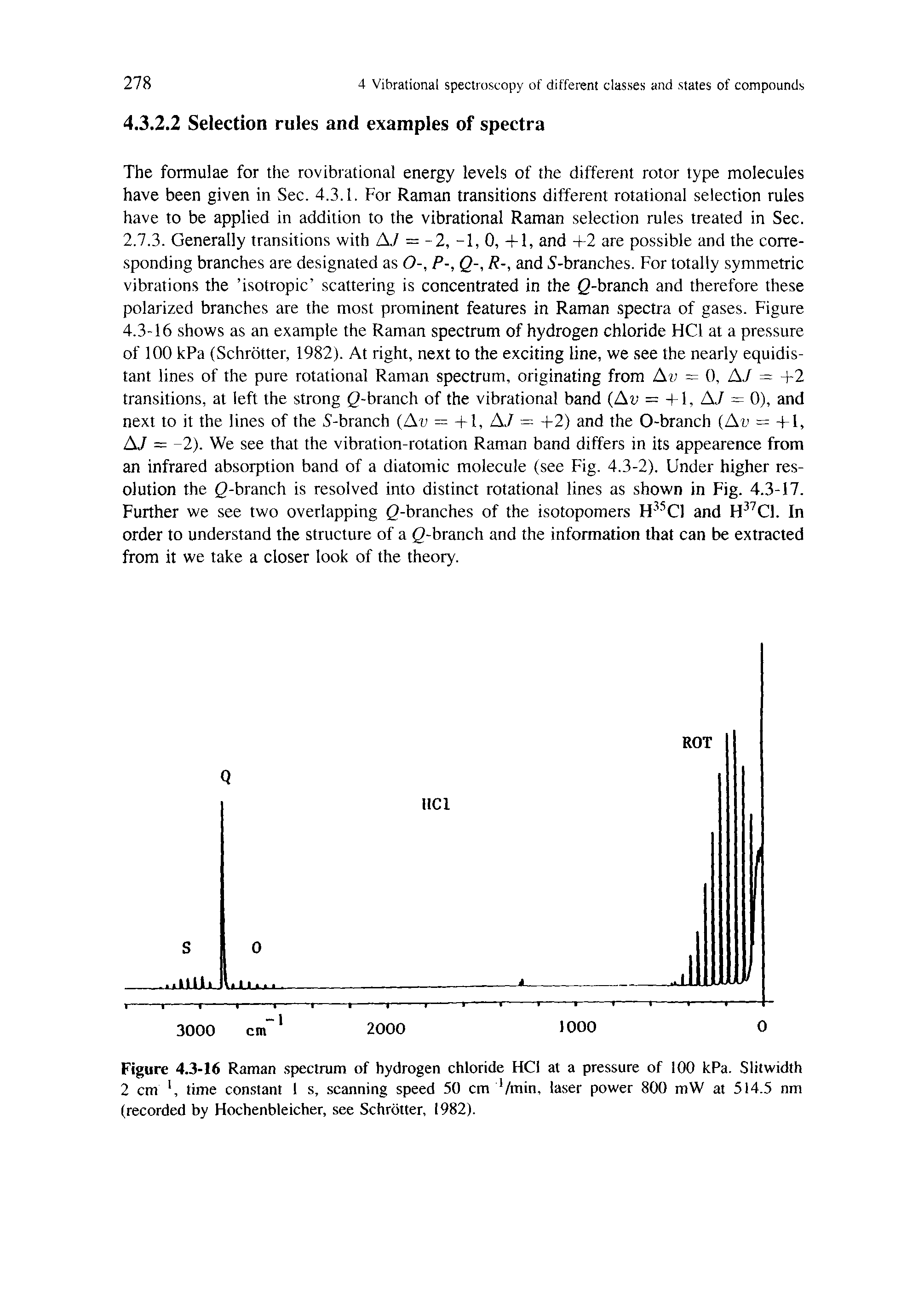 Figure 4.3-16 Raman spectrum of hydrogen chloride HCl at a pressure of 100 kPa. Slitwidth 2 cm, time constant 1 s,. scanning speed 50 cm /min, laser power 800 mW at 514.5 nm (recorded by Hochenbleicher, see Schrotter, 1982).
