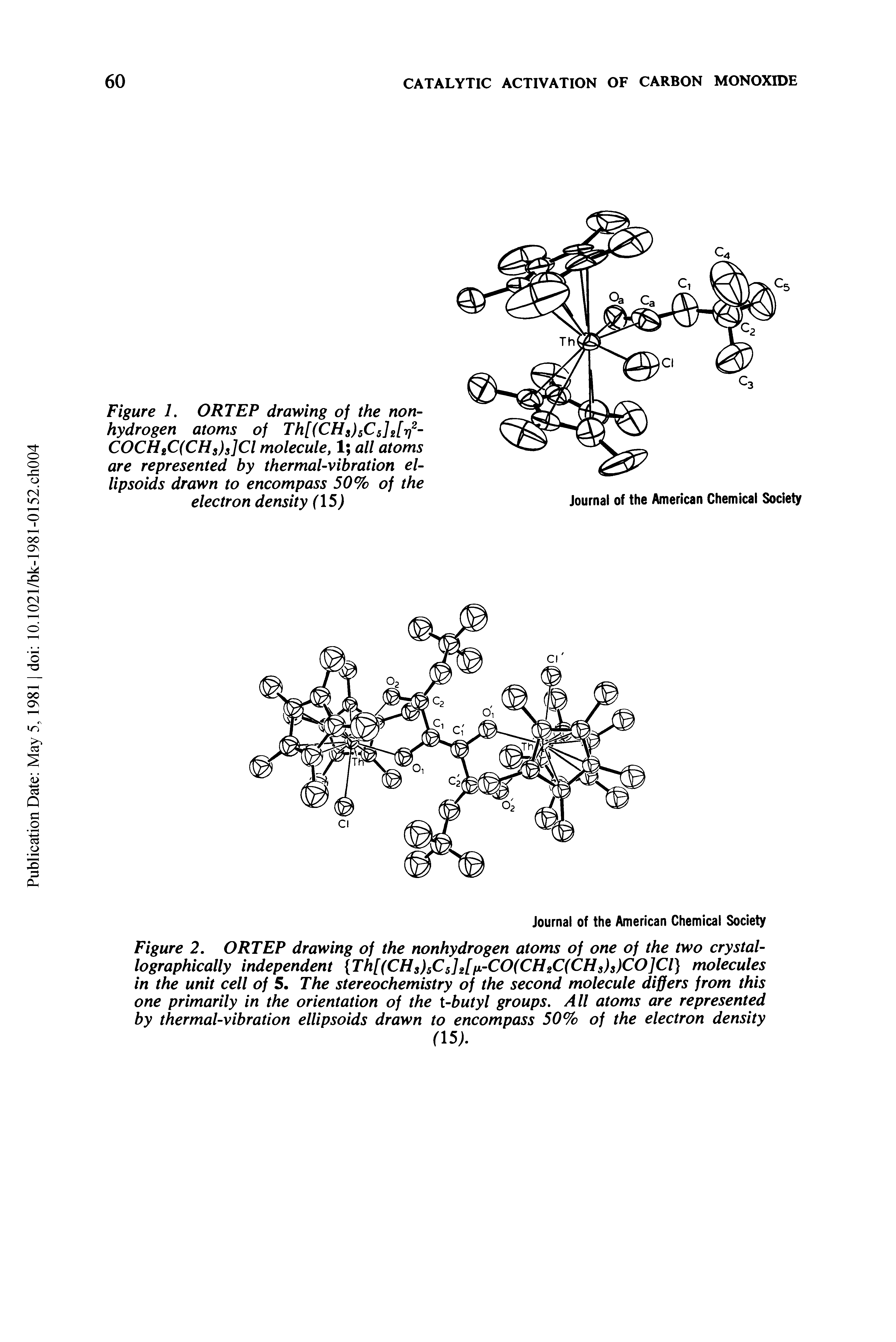 Figure 1. ORTEP drawing of the nonhydrogen atoms of ThMCHsfsCsJzfa2-COCHgC(CHs)s]Cl molecule, 1 all atoms are represented by thermal-vibration ellipsoids drawn to encompass 50% of the electron density (15)...
