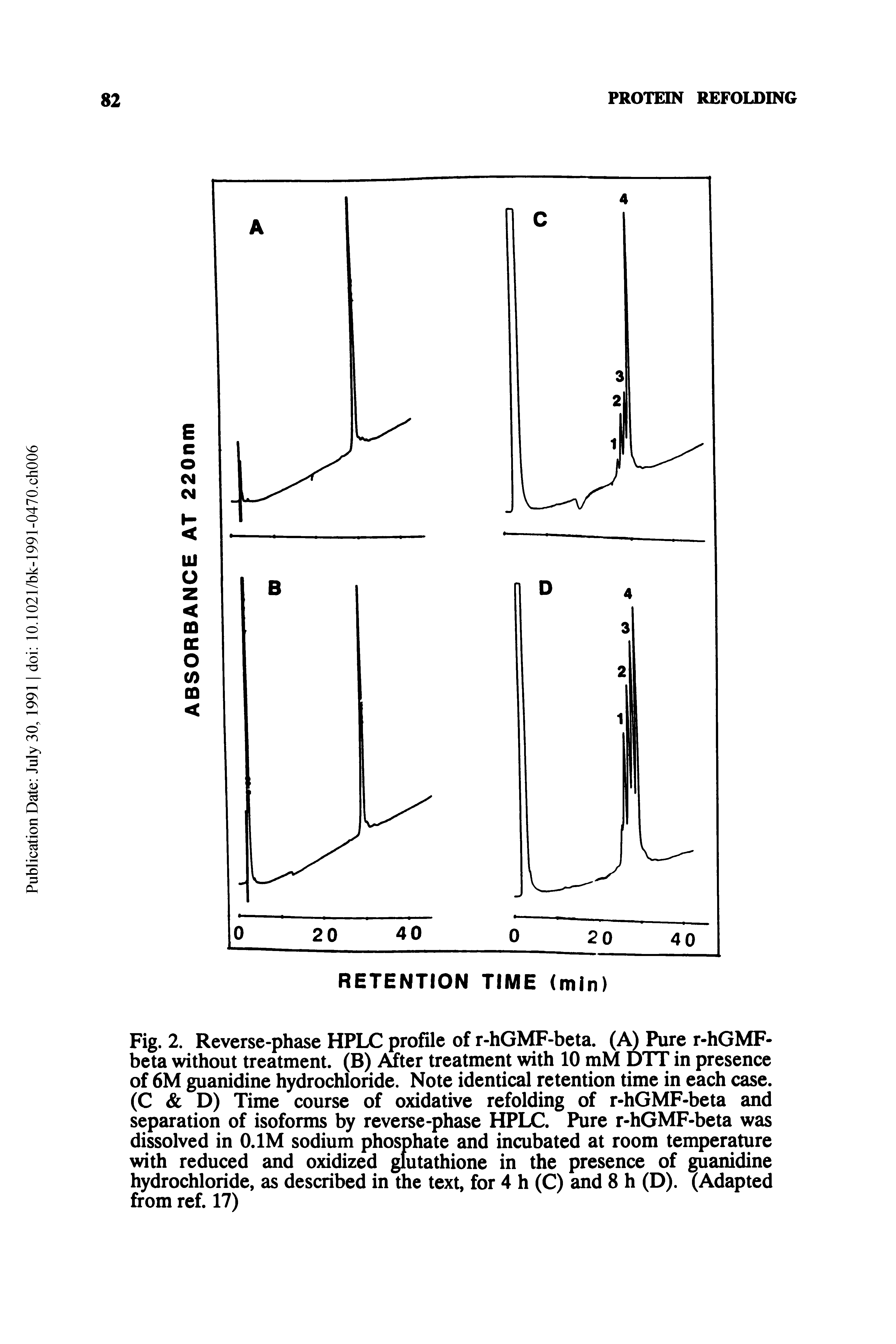 Fig. 2. Reverse-phase HPLC profile of r-hGMF-beta. (A) Pure r-hGMF-beta without treatment. (B) After treatment with 10 mM DTT in presence of 6M guanidine hydrochloride. Note identical retention time in each case. (C D) Time course of oxidative refolding of r-hGMF-beta and separation of isoforms by reverse-phase HPLC. Pure r-hGMF-beta was dissolved in O.IM sodium phosphate and incubated at room temperature with reduced and oxidized glutathione in the presence of guanidine hydrochloride, as described in the text, for 4 h (C) and 8 h (D). (Adapted from ref. 17)...