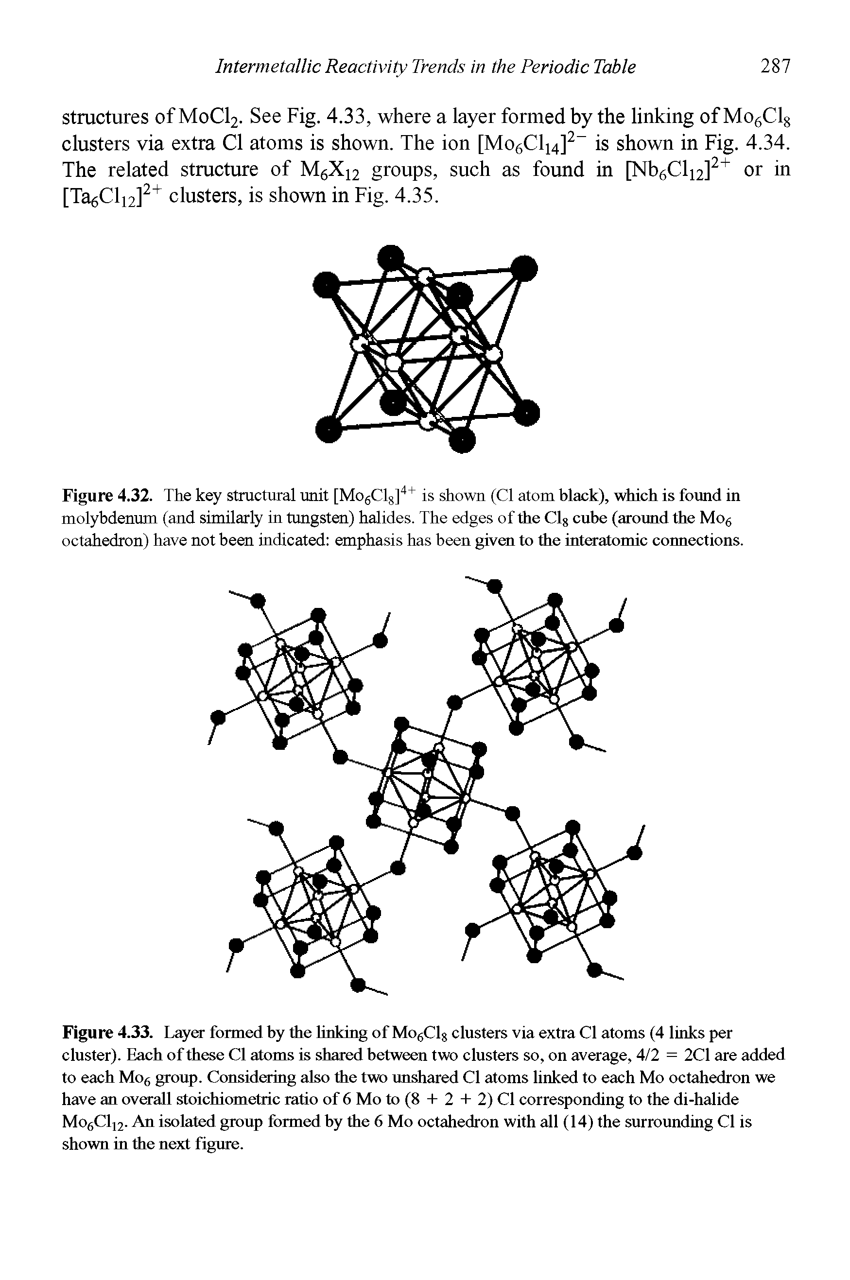 Figure 4.33. Layer formed by the linking of Mo6C18 clusters via extra Cl atoms (4 links per cluster). Each of these Cl atoms is shared between two clusters so, on average, 4/2 = 2C1 are added to each Mo6 group. Considering also the two unshared Cl atoms linked to each Mo octahedron we have an overall stoichiometric ratio of 6 Mo to (8 + 2 + 2) Cl corresponding to the di-halide Mo6C112. An isolated group formed by the 6 Mo octahedron with all (14) the surrounding Cl is shown in the next figure.