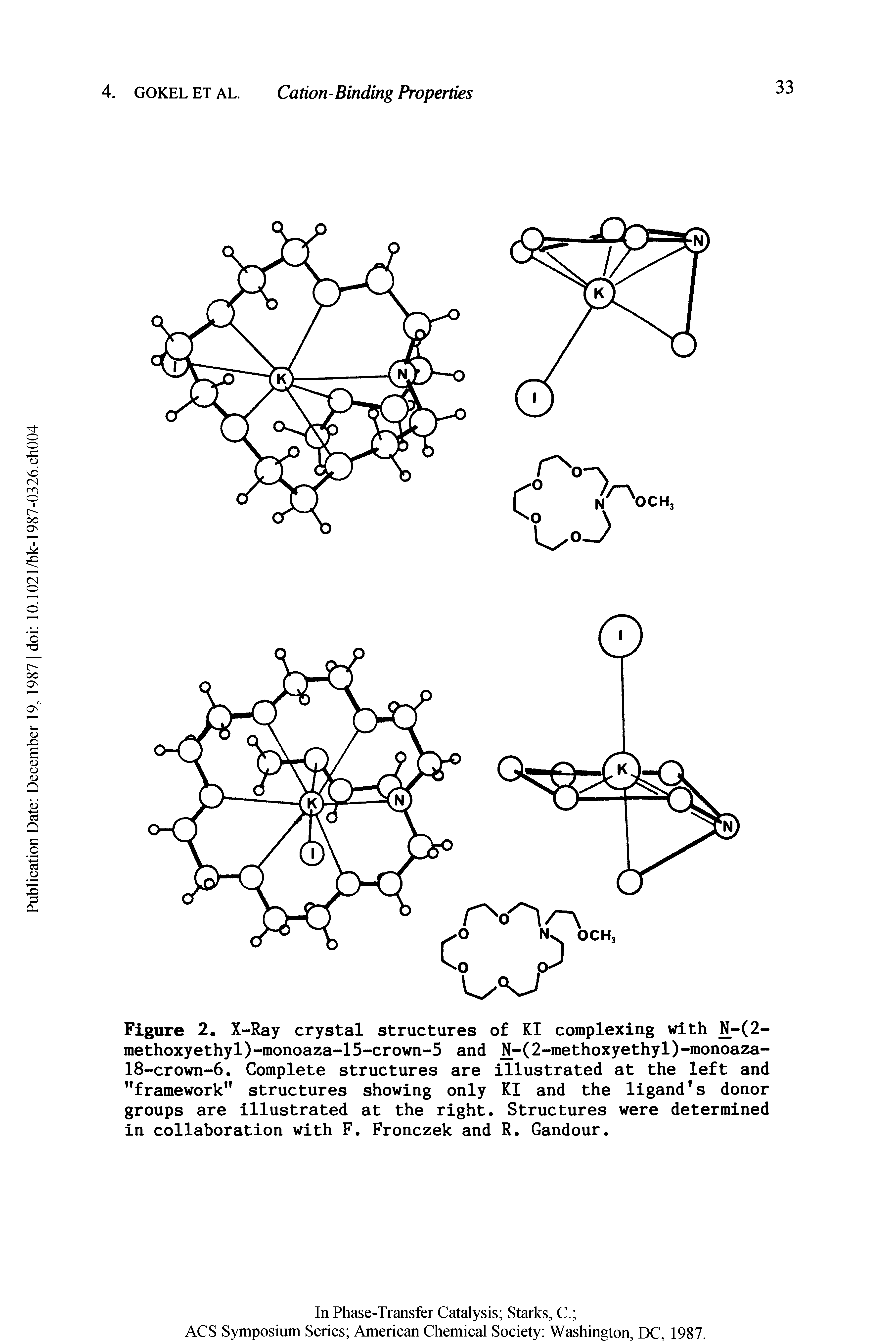 Figure 2. X-Ray crystal structures of KI complexing with N7(2-methoxyethyl)-monoaza-15-crown-5 and (2-methoxyethy1)-monoaza-18-crown-6. Complete structures are illustrated at the left and "framework structures showing only KI and the ligand s donor groups are illustrated at the right. Structures were determined in collaboration with F. Fronczek and R. Candour.