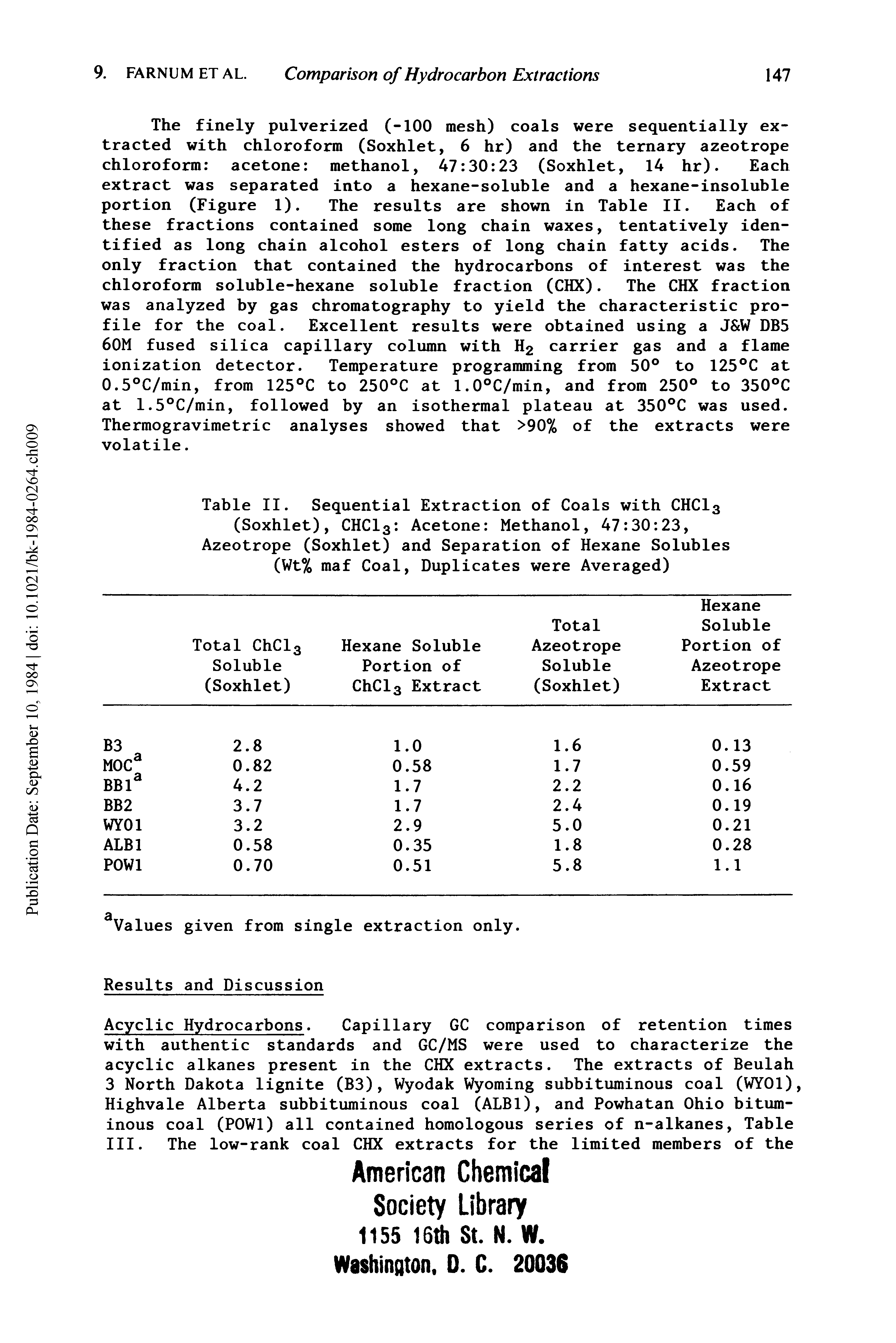 Table II. Sequential Extraction of Coals with CHCI3 (Soxhlet), CHCI3 Acetone Methanol, 47 30 23, Azeotrope (Soxhlet) and Separation of Hexane Solubles (Wt% maf Coal, Duplicates were Averaged)...