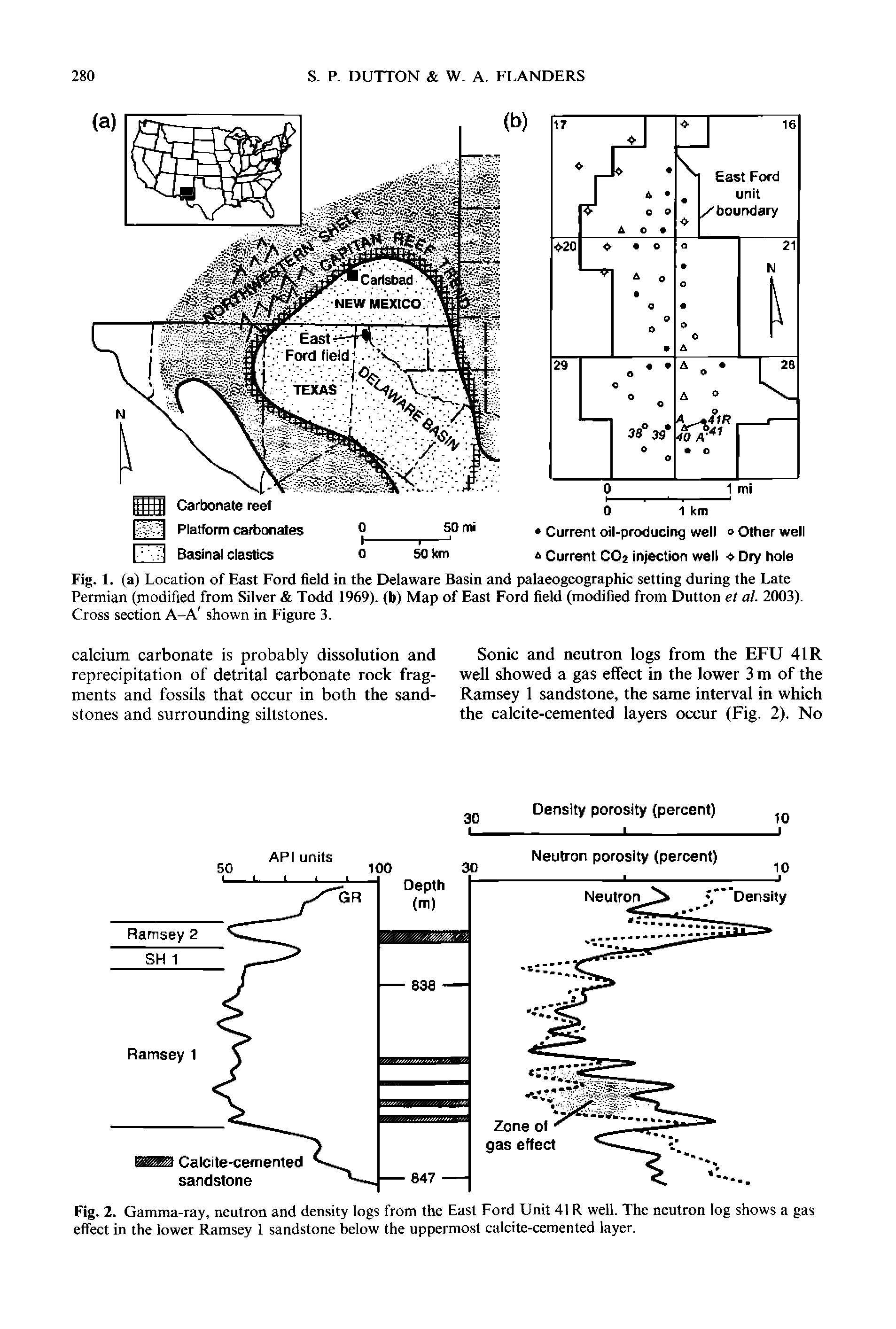 Fig. 2. Gamma-ray, neutron and density logs from the East Ford Unit 41 R well. The neutron log shows a gas effeet in the lower Ramsey 1 sandstone below the uppermost calcite-cemented layer.