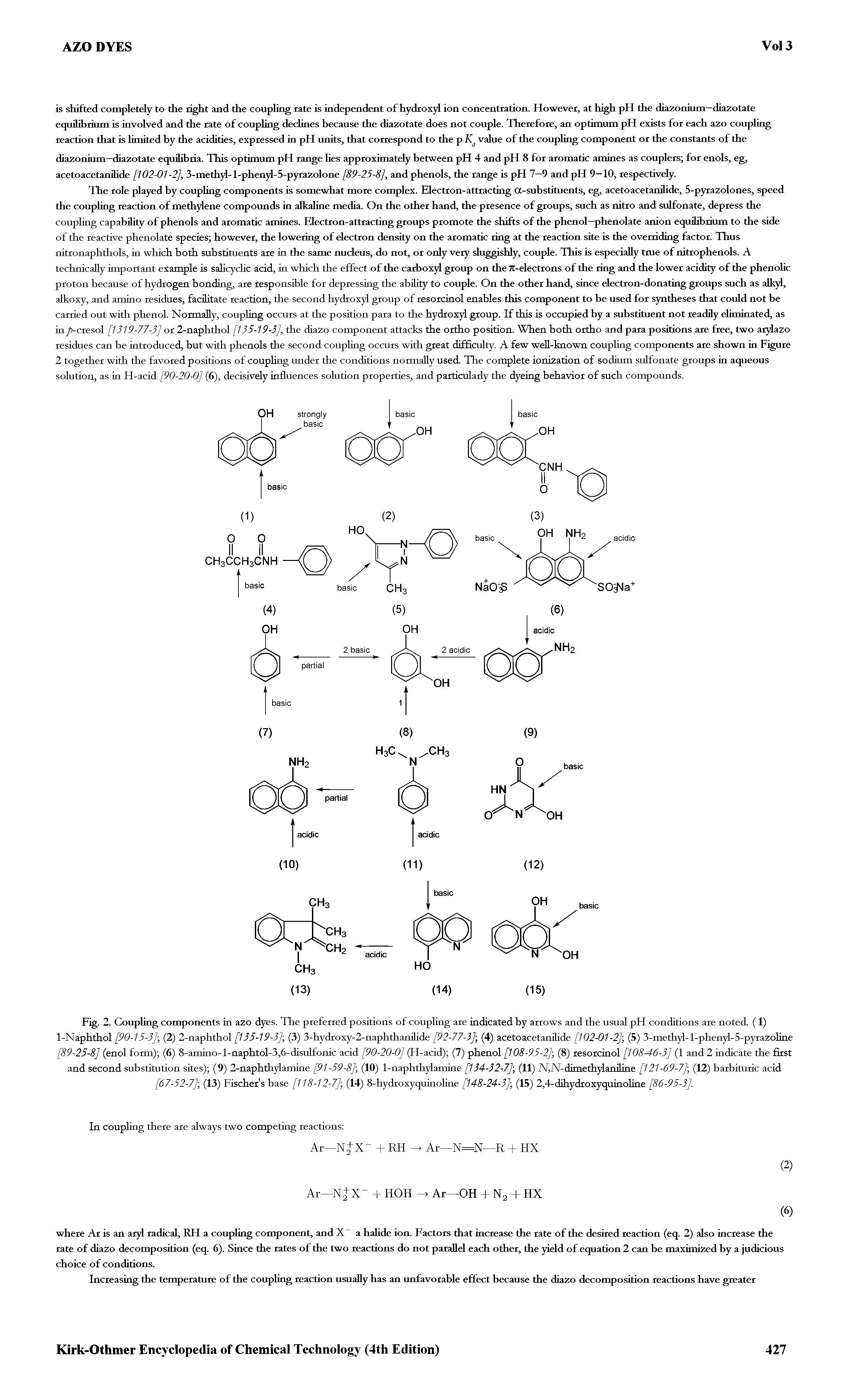 Fig. 2. Coupling components in azo dyes. The preferred positions of coupling are indicated by arrows and the usual pH conditions are noted. (1) 1-Naphthol [90-15-3], (2) 2-naphthol [135-19-3] (3) 3-hydroxy-2-naphthanilide [92-77-3], (4) aceto acetanilide [102-01-2] (5) 3-methyl-l-phenyl-5-pyrazoline [89-25-8] (enol form) (6) 8-amino-l-naphtol-3,6-disulfonic acid [90-20-0] (H-acid) (7) phenol [108-95-2] (8) resorcinol [108-46-3] (1 and 2 indicate the first and second substitution sites) (9) 2-naphthylamine [91-59-8] (10) 1-naphthylamine [134-32-7], (11) N,N-dimethylaniline [121 -69-7] (12) barbituric acid [67-52-7] (13) Fischer s base [118-12-7] (14) 8-hydroxyquinoline [148-24-3] (15) 2,4-dihydroxyquinoline [86-95-3],...