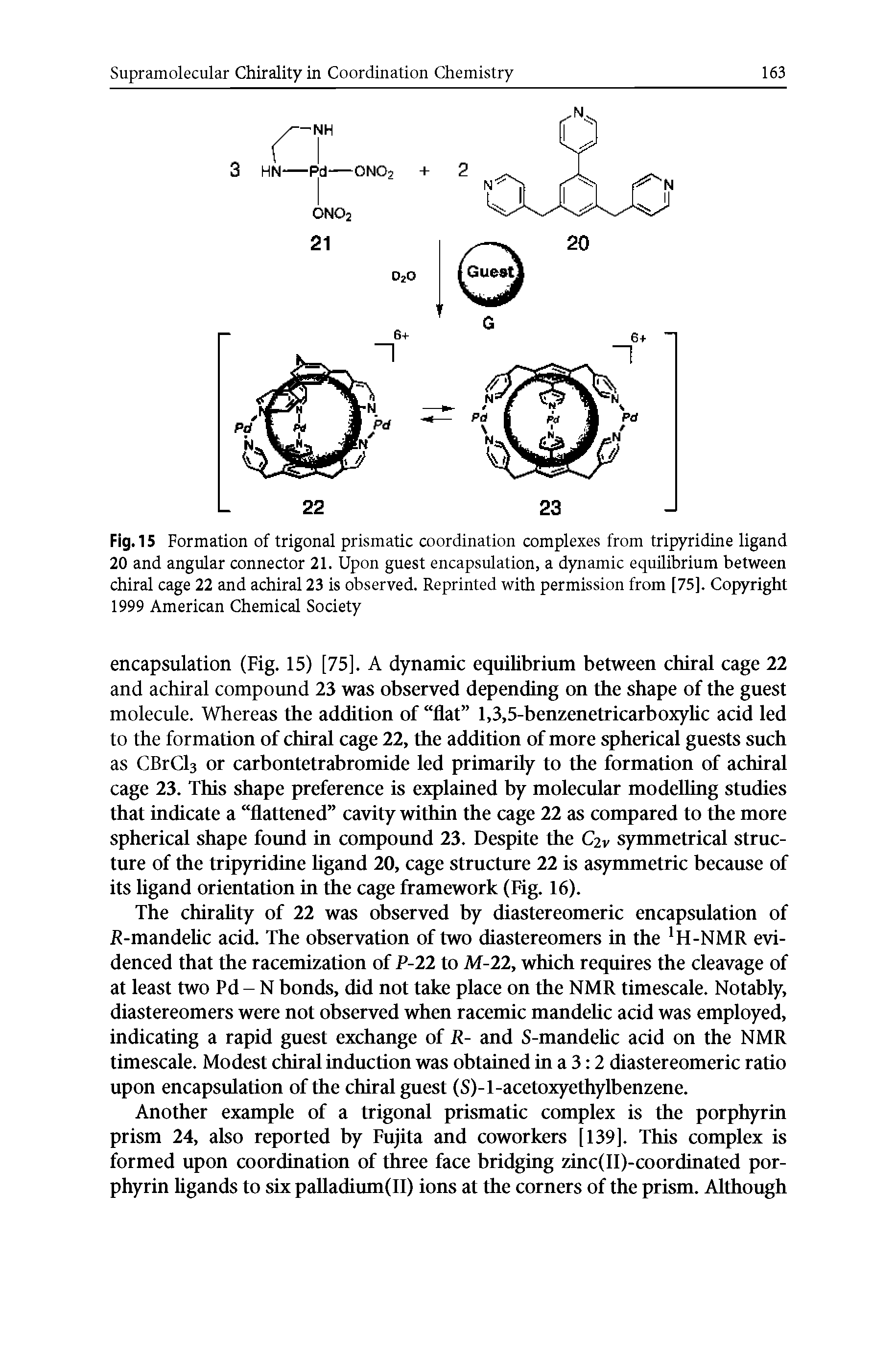 Fig. 15 Formation of trigonal prismatic coordination complexes from tripyridine ligand 20 and angular connector 21. Upon guest encapsulation, a dynamic equilibrium between chiral cage 22 and achiral 23 is observed. Reprinted with permission from [75]. Copyright 1999 American Chemical Society...