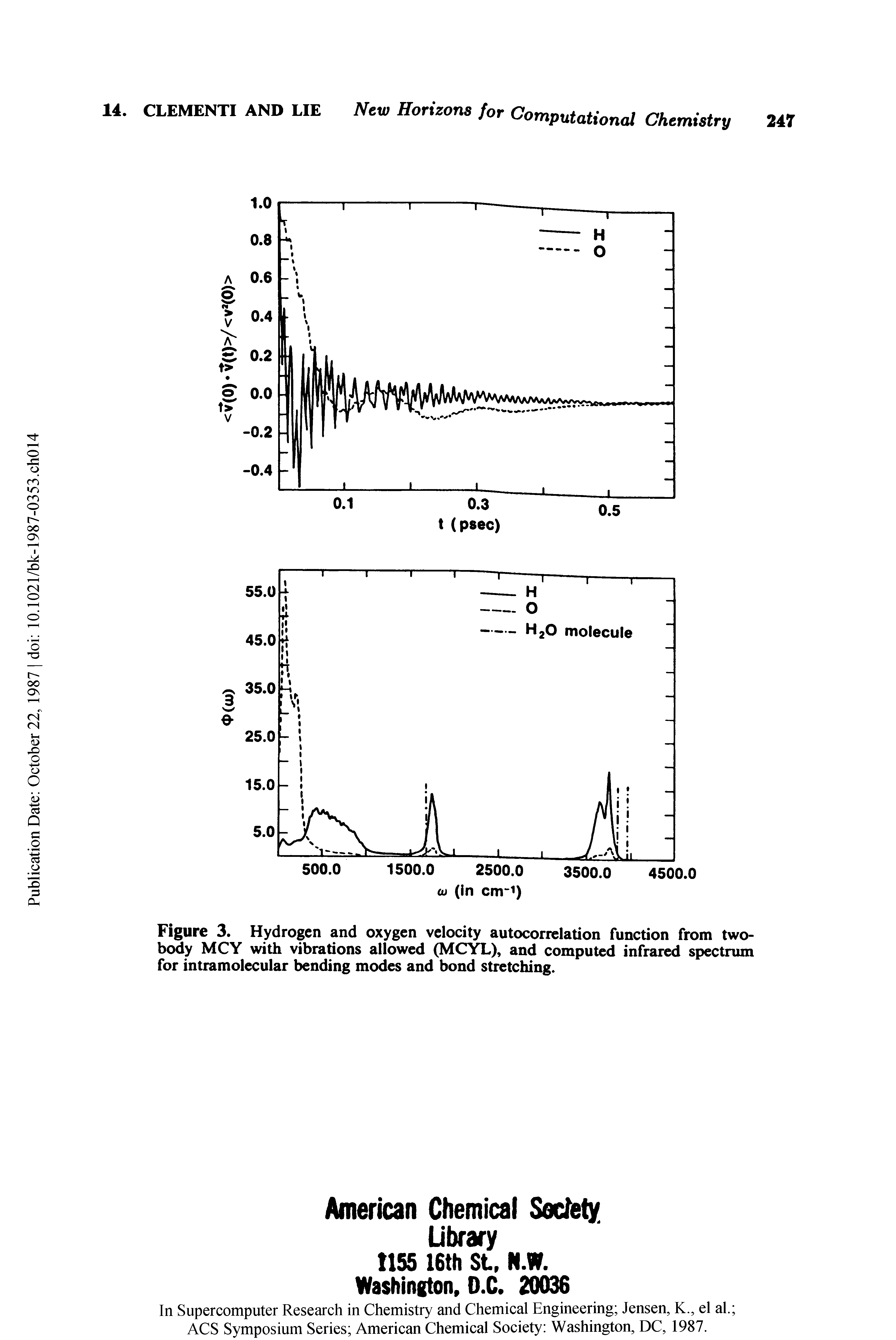 Figure 3. Hydrogen and oxygen velocity autocorrelation function from two-body MCY with vibrations allowed (MCYL), and computed infrared spectrum for intramolecular bending modes and bond stretching.