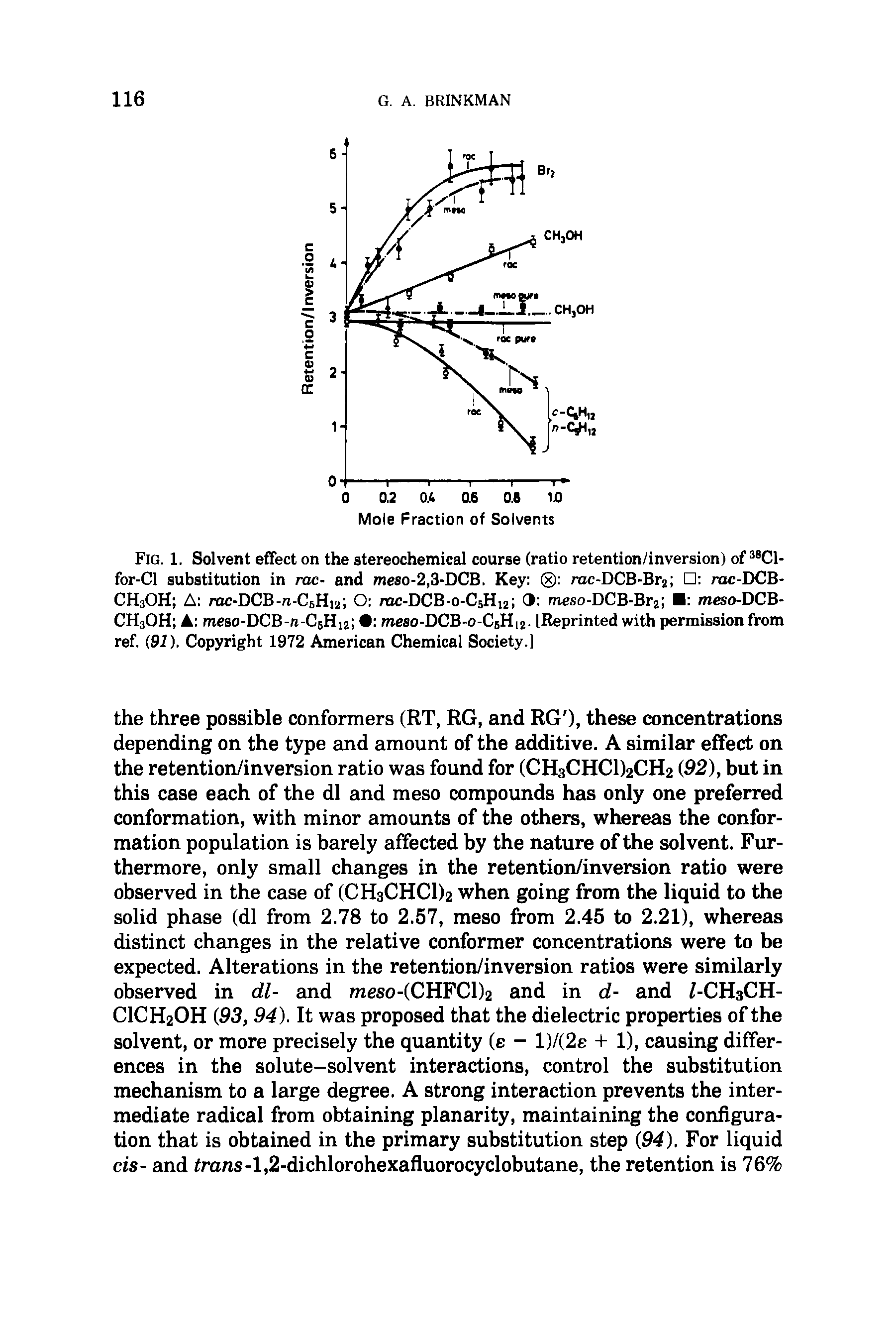 Fig. 1. Solvent effect on the stereochemical course (ratio retention/inversion) of 38C1-for-Cl substitution in me- and meso-2,3-DCB. Key rac-DCB-Br2 rac-DCB-CH3OH A rac-DCB-rc-CsHia O rac-DCB-o-C5Hi2 9 meso-DCB-Br2 meso-DCB-CH3OH A meso-DCB-n-C5H12 meso-DCB-o-C5H12. [Reprinted with permission from ref. (91). Copyright 1972 American Chemical Society.]...