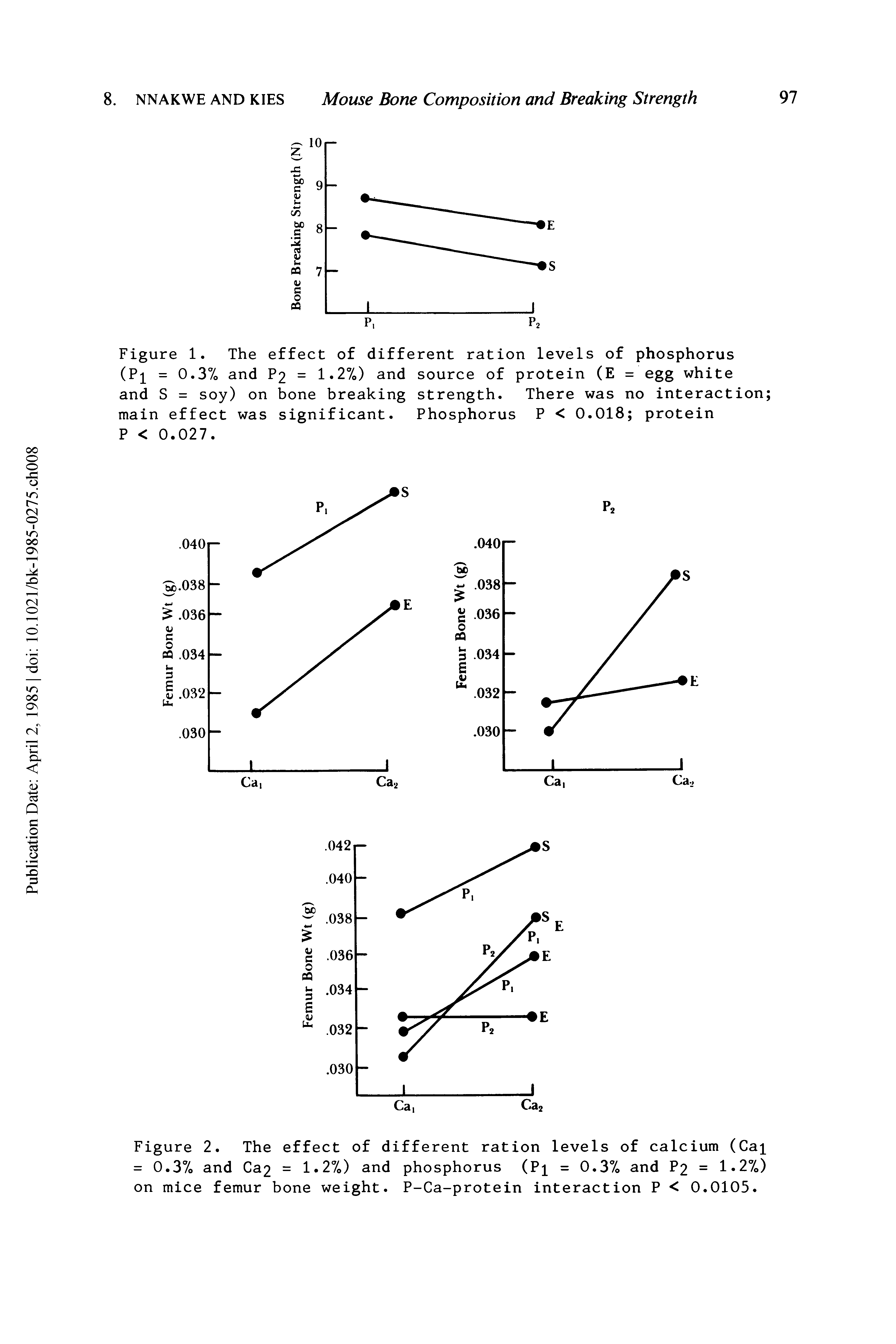 Figure 1. The effect of different ration levels of phosphorus (Pi = 0.3% and P2 = 1.2%) and source of protein (E = egg white and S = soy) on bone breaking strength. There was no interaction main effect was significant. Phosphorus P < 0.018 protein P < 0.027.