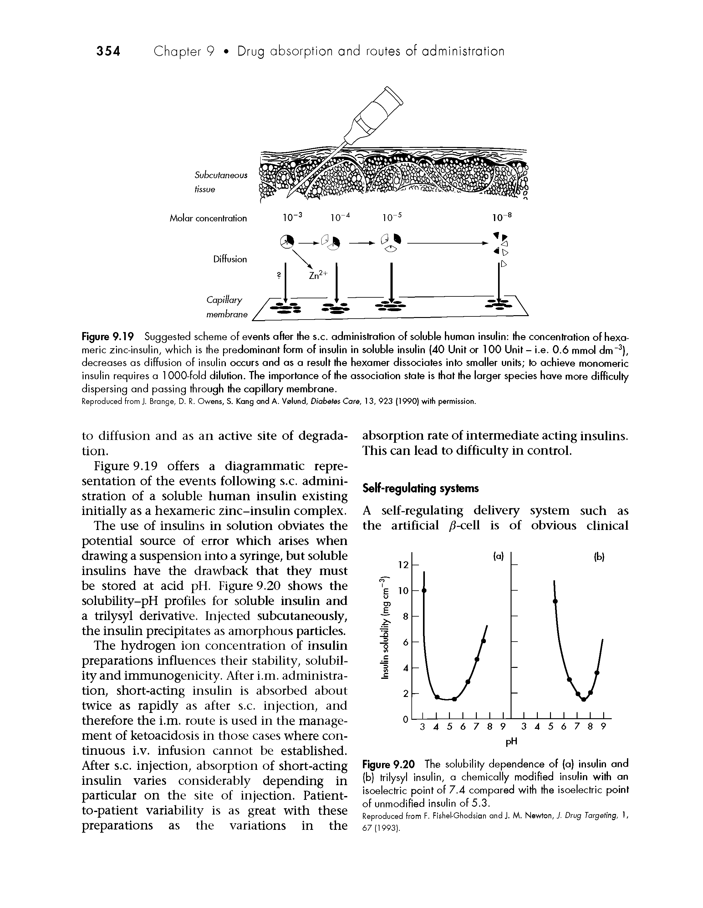 Figure 9.19 Suggested scheme of events after the s.c. administration of soluble human insulin the concentration of hexa-meric zinc-insulin, which is the predominant form of insulin in soluble insulin (40 Unit or 100 Unit - i.e. 0.6 mmol dm ), decreases as diffusion of insulin occurs and os a result the hexamer dissociates into smaller units to achieve monomeric insulin requires a 1000-fold dilution. The importance of the association state is that the larger species have more difficulty dispersing and passing through the capillary membrane.