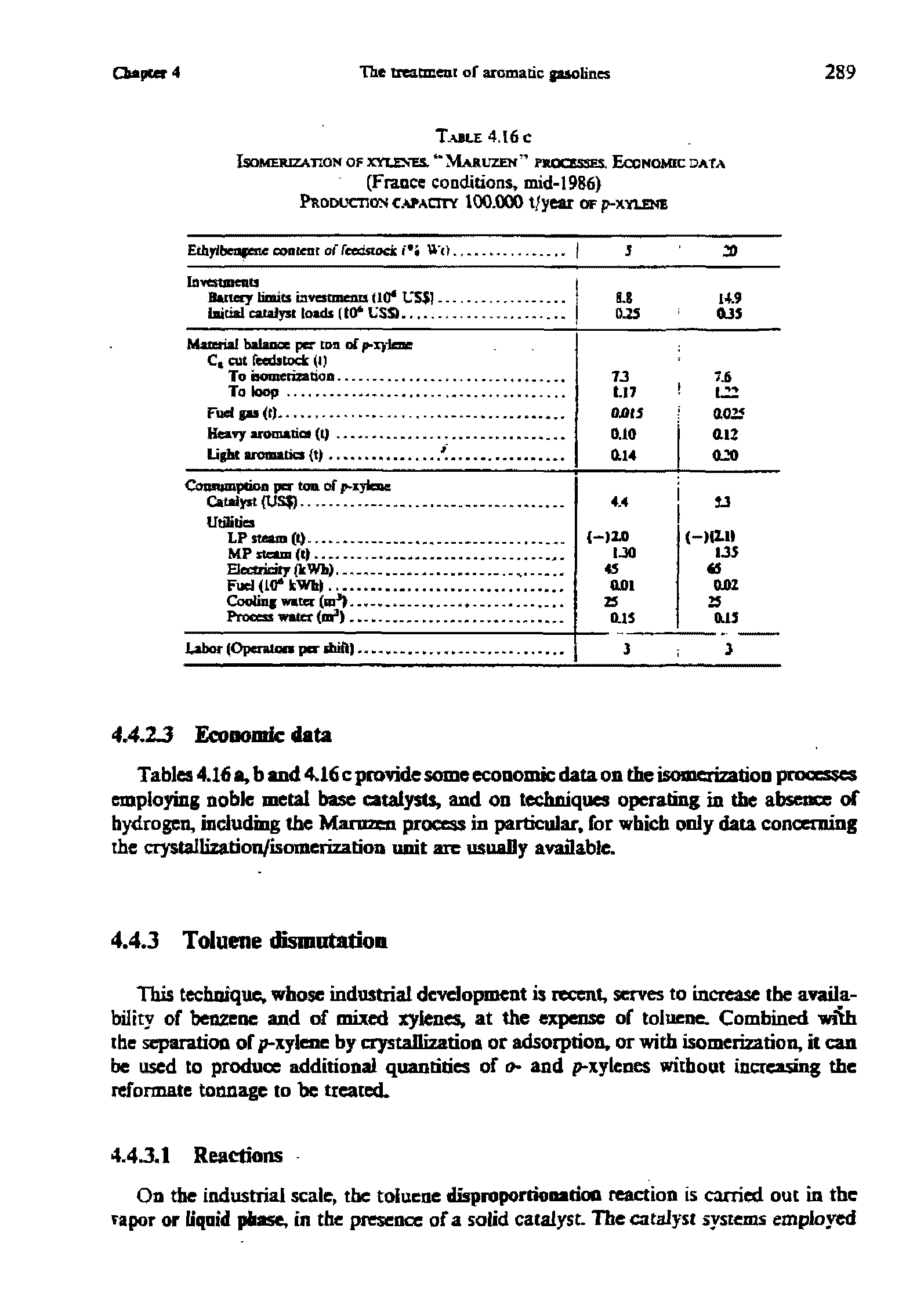 Tables 4.16 a, b and 4.16 c provide some economic data on the isomerization processes employing noble metal base catalysts, and on techniques operating in the absence of hydrogen, including the Maruzen process in particular, for which only data concerning the crystallization/isomerization unit are usually available.