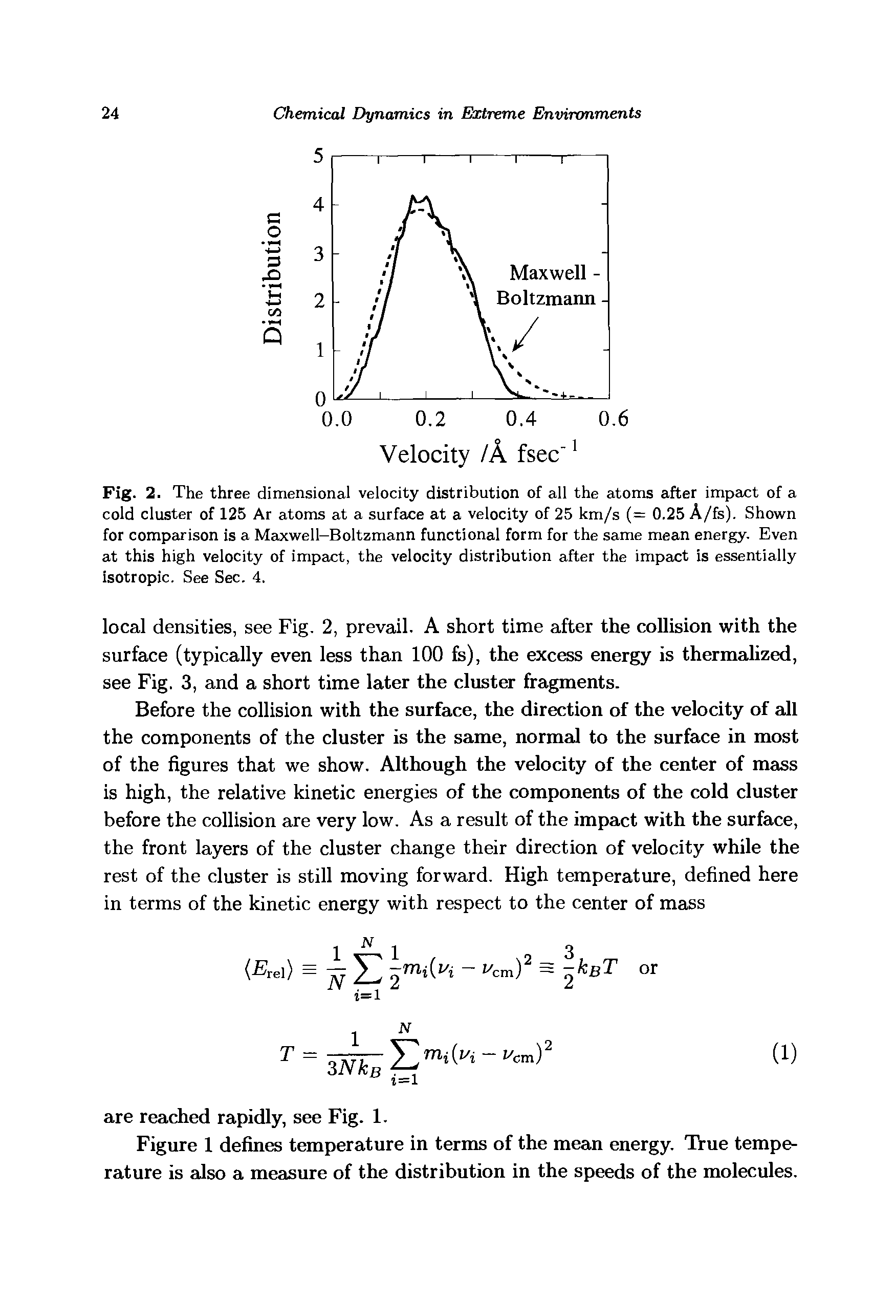 Fig. 2. The three dimensional velocity distribution of all the atoms after impact of a cold cluster of 125 Ar atoms at a surface at a velocity of 25 km/s (= 0.25 A/fs). Shown for comparison is a Meixwell-Boltzmann functional form for the same mean energy. Even at this high velocity of impact, the velocity distribution after the impact is essentially isotropic. See Sec. 4.