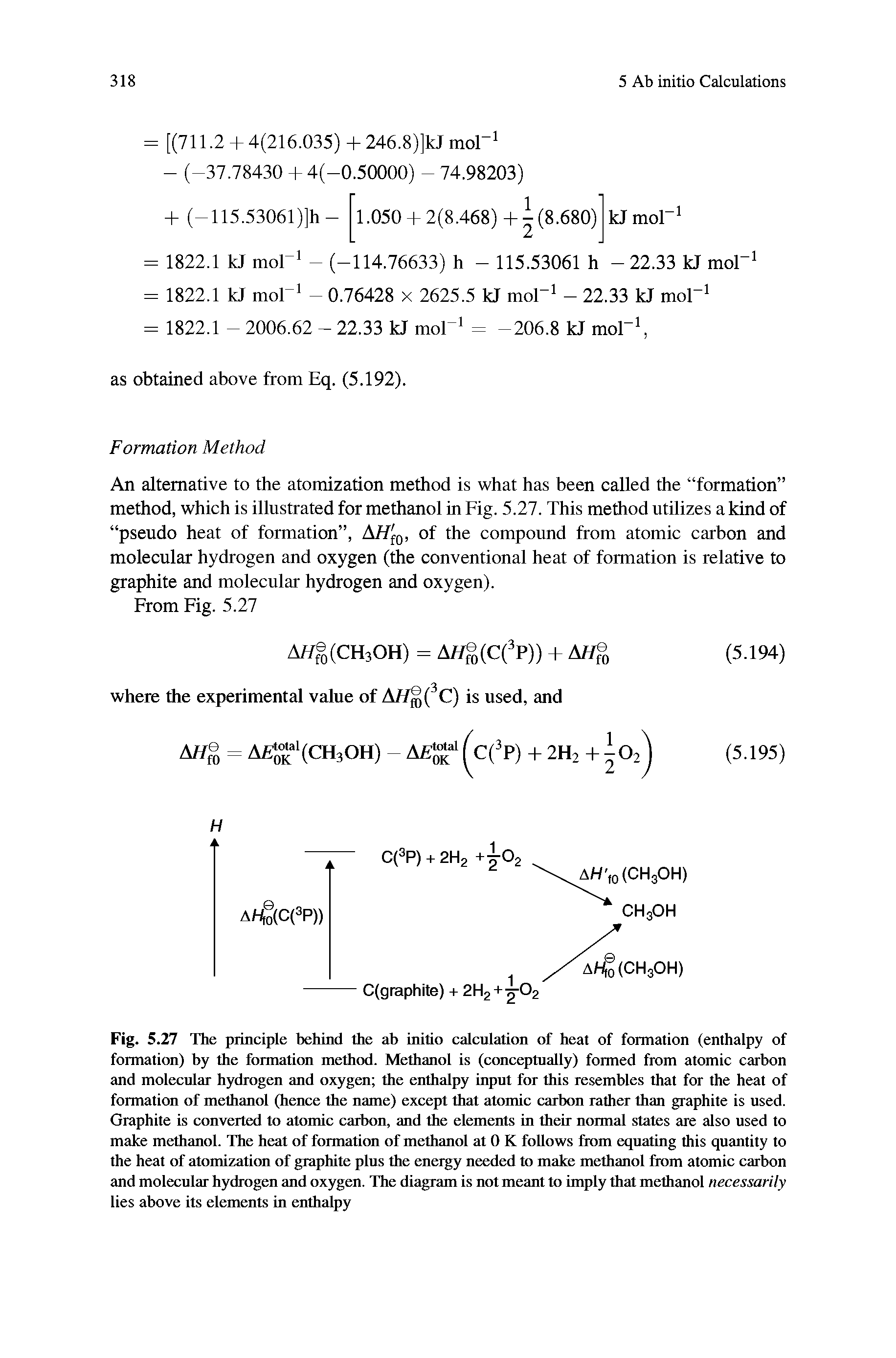 Fig. 5.27 The principle behind the ab initio calculation of heat of formation (enthalpy of formation) by the formation method. Methanol is (conceptually) formed from atomic carbon and molecular hydrogen and oxygen the enthalpy input for this resembles that for the heat of formation of methanol (hence the name) except that atomic carbon rather than graphite is used. Graphite is converted to atomic carbon, and the elements in their normal states are also used to make methanol. The heat of formation of methanol at 0 K follows from equating this quantity to the heat of atomization of graphite plus the energy needed to make methanol from atomic carbon and molecular hydrogen and oxygen. The diagram is not meant to imply that methanol necessarily lies above its elements in enthalpy...