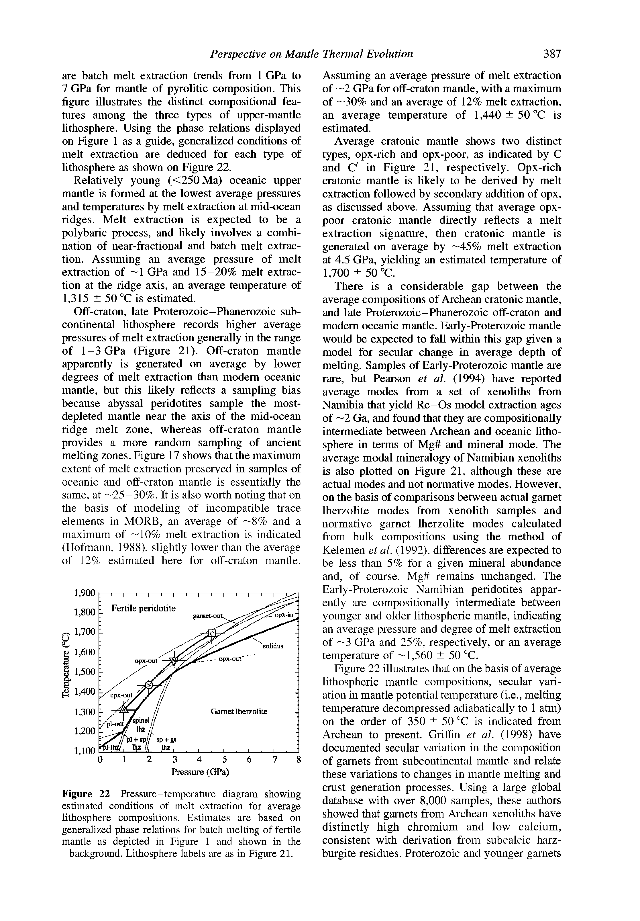 Figure 22 Pressure-temperature diagram showing estimated conditions of melt extraction for average lithosphere compositions. Estimates are based on generalized phase relations for batch melting of fertile mantle as depicted in Figure 1 and shown in the background. Lithosphere labels are as in Figure 21.
