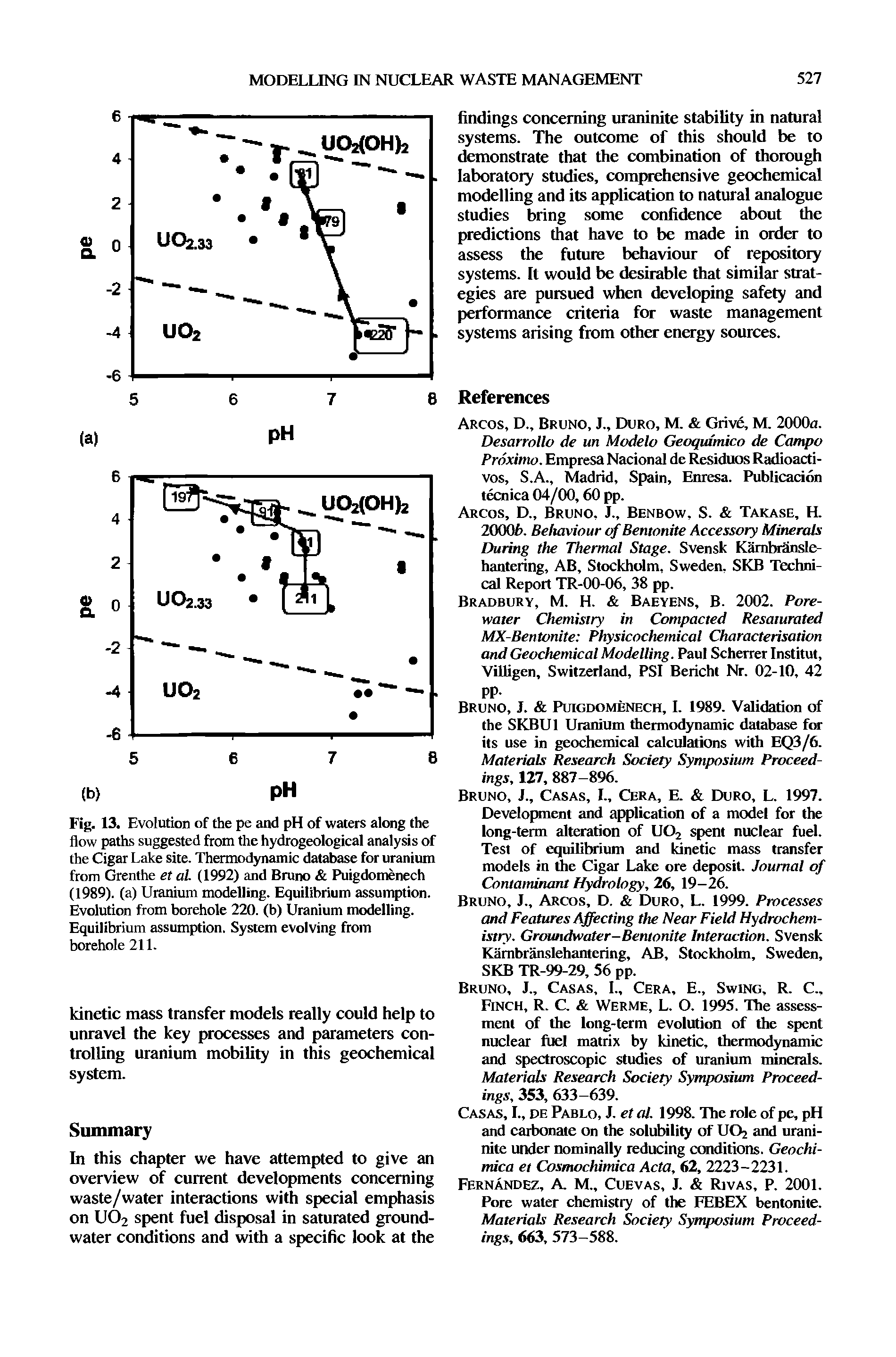Fig. 13. Evolution of the pe and pH of waters along the flow paths suggested from the hydrogeological analysis of the Cigar Lake site. Thermodynamic database for uranium from Grenthe et al. (1992) and Bruno Puigdomenech (1989). (a) Uranium modelling. Equilibrium assumption. Evolution from borehole 220. (b) Uranium modelling. Equilibrium assumption. System evolving from borehole 211.