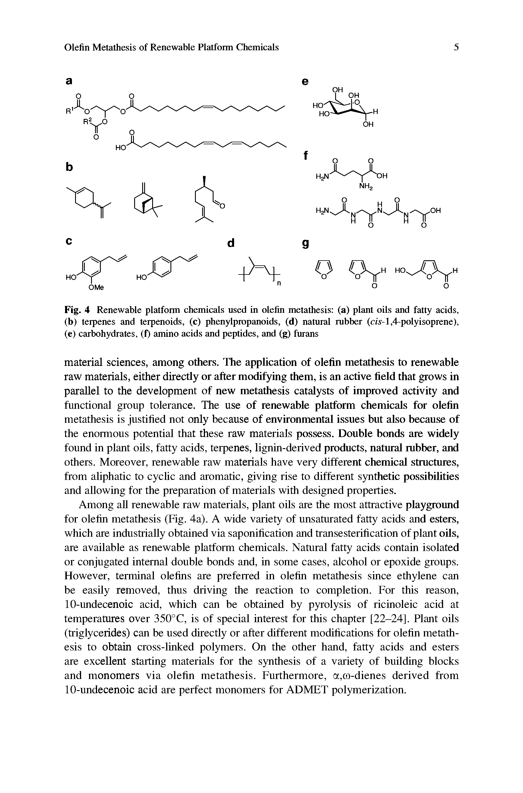 Fig. 4 Renewable platform chemicals used in olefin metathesis (a) plant oils and fatty acids, (b) terpenes and terpenoids, (c) phenylpropanoids, (d) natural rubber (cw-1,4-poly isoprene), (e) carbohydrates, (f) amino acids and peptides, and (g) furans...