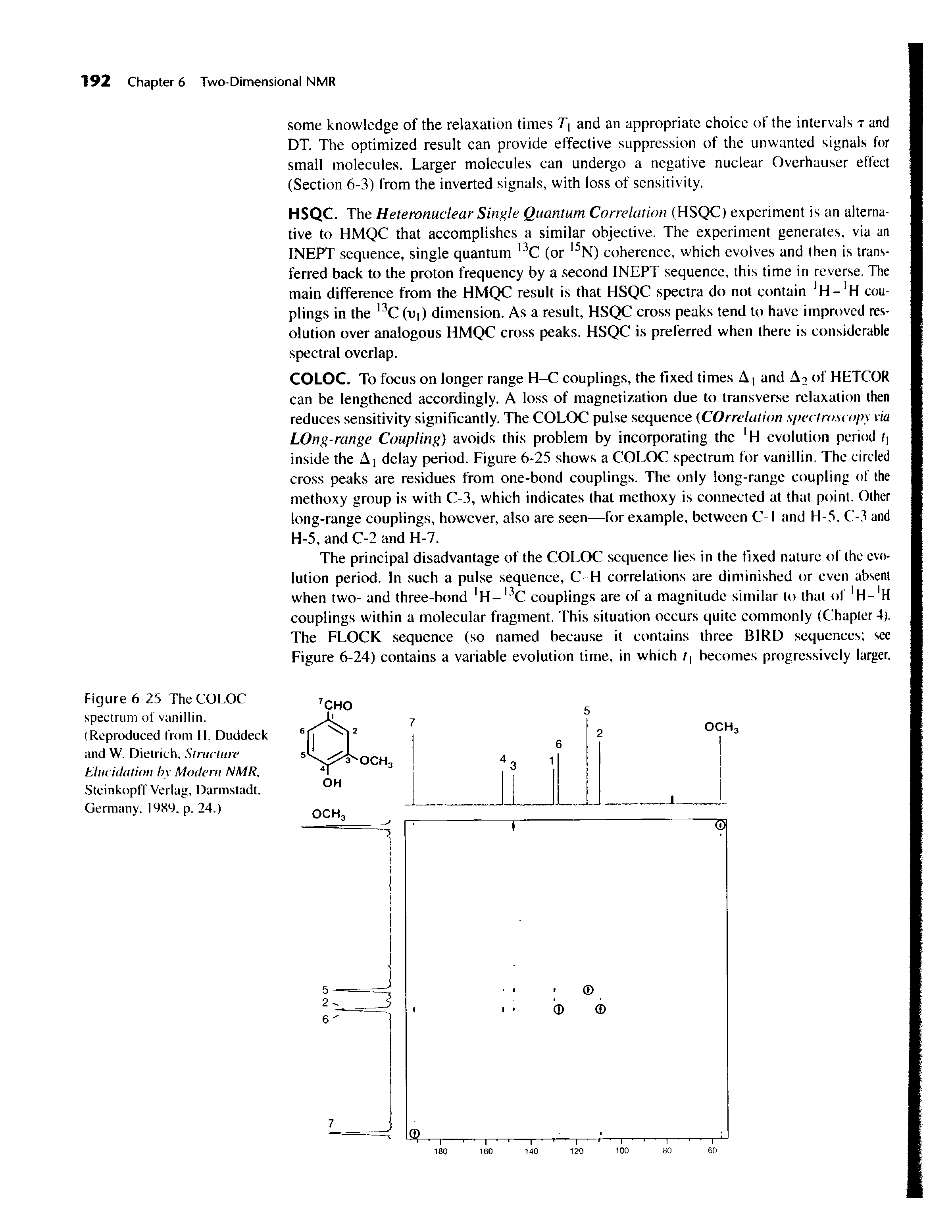 Figure 6 2S The COLOC spectrum of vanillin. (Reproduced from H. Duddeck and W. Dietrich, Structure Elucidation hy Modern NMR, Stcinkopff Verlag, Darmstadt, Germany. 1989, p. 24.)...