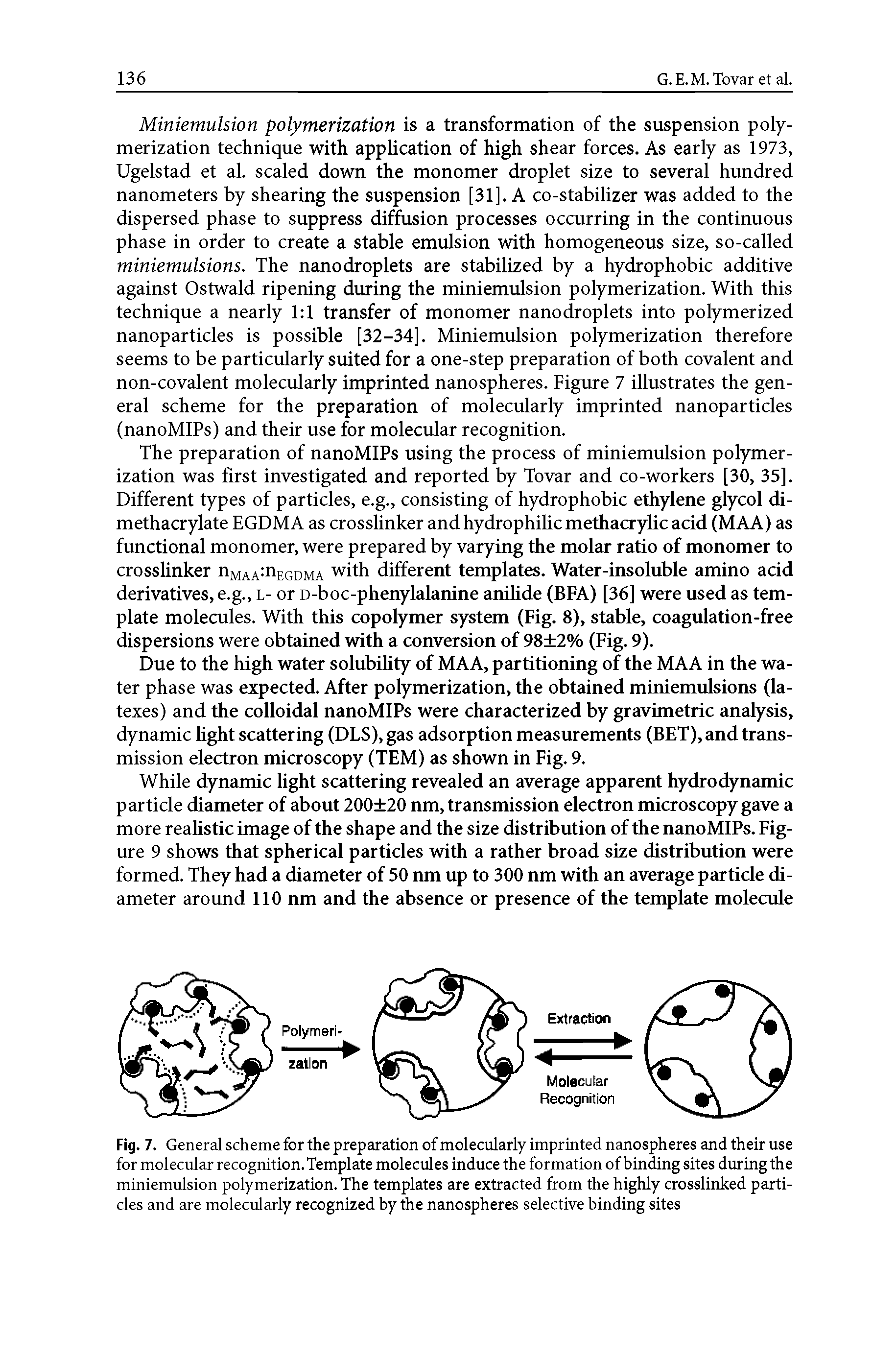 Fig. 7. General scheme for the preparation of molecularly imprinted nanospheres and their use for molecular recognition. Template molecules induce the formation of binding sites during the miniemulsion polymerization. The templates are extracted from the highly crosslinked particles and are molecularly recognized by the nanospheres selective binding sites...