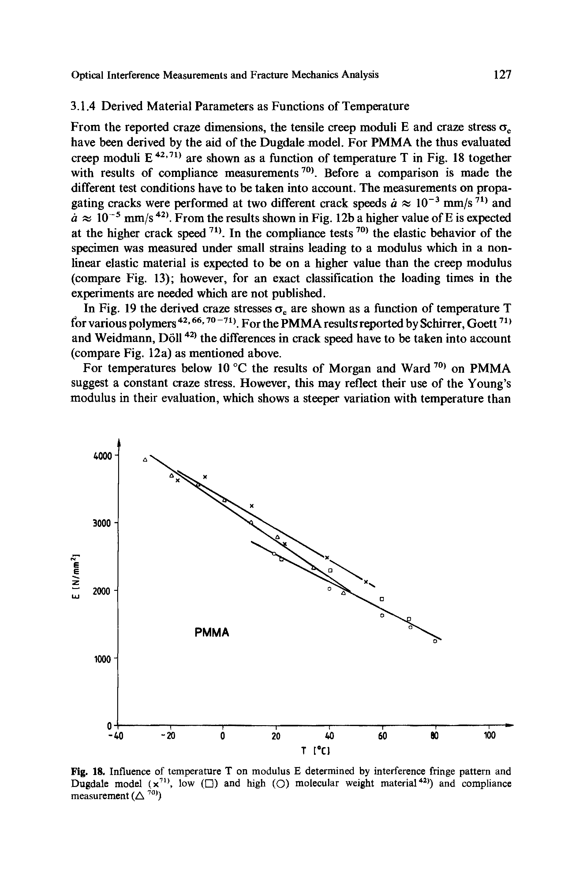 Fig. 18. Influence of temperature T on modulus E determined by interference fringe pattern and Dugdale model low ( ) and high (O) molecular weight material and compliance...