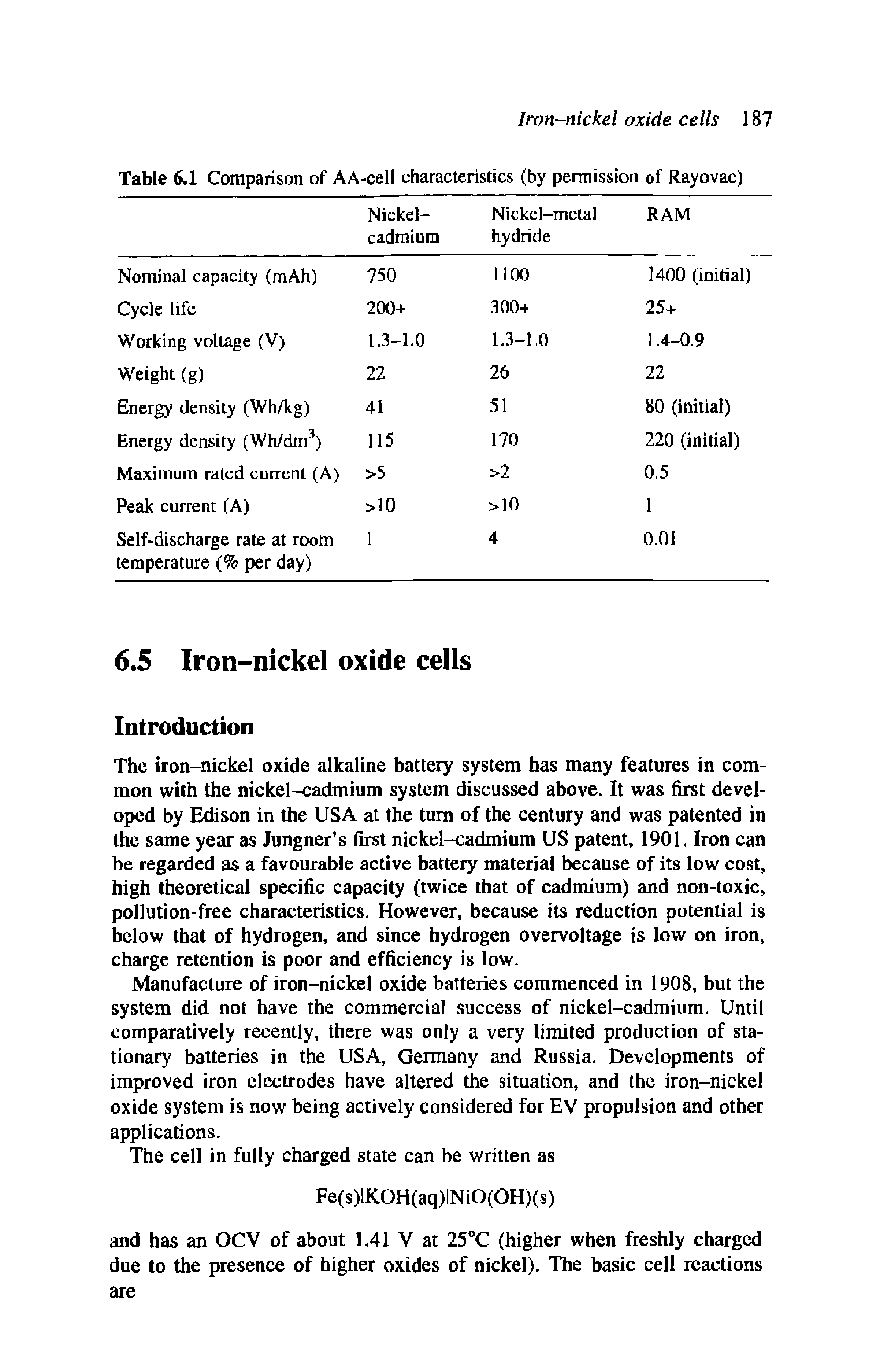 Table 6.1 Comparison of AA-cell characteristics (by permission of Rayovac)...