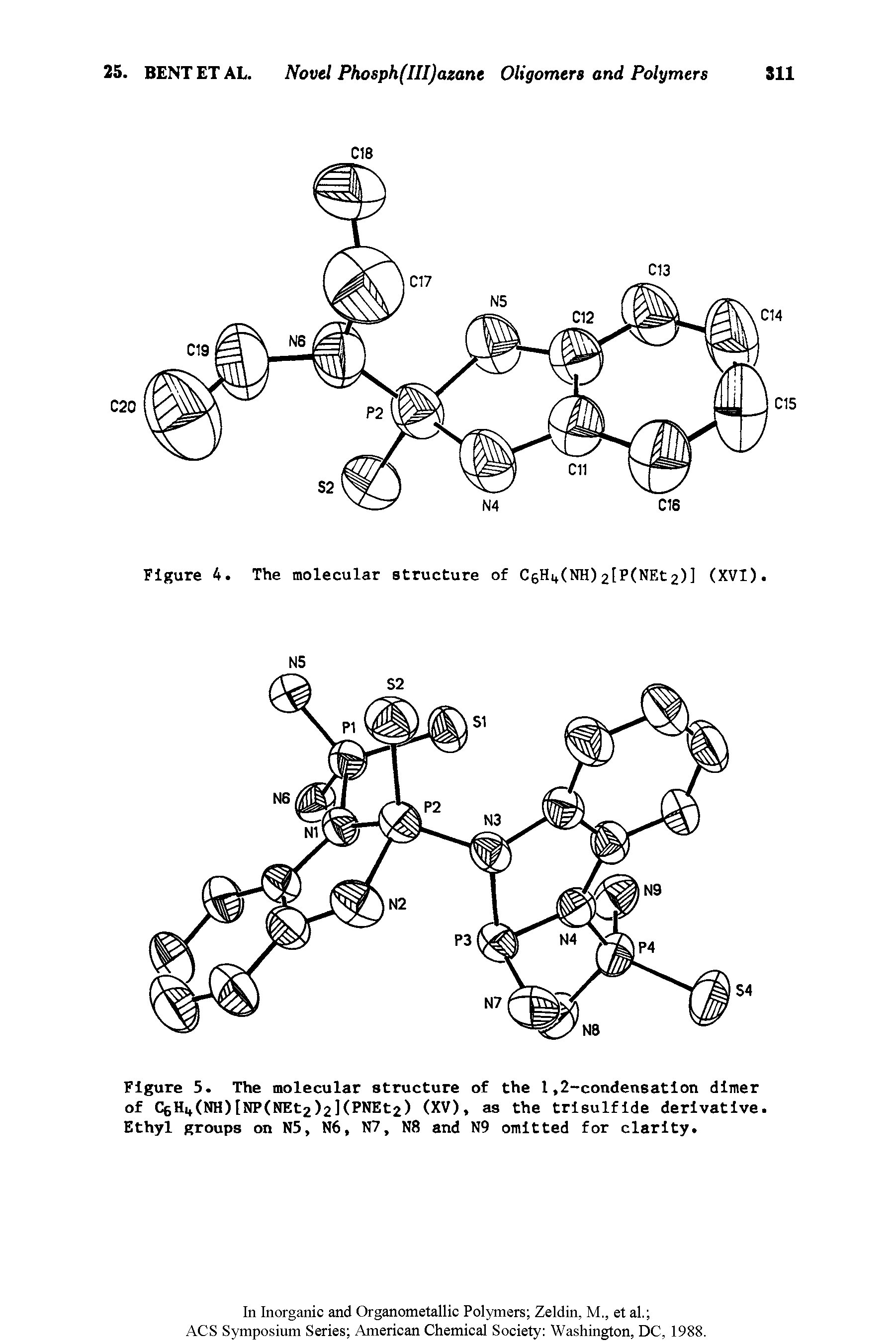 Figure 5. The molecular structure of the 1,2-condensation dimer of CgHi,(NH)[NP(NEt2)2KPNEt2) (XV), as the trisulfide derivative. Ethyl groups on N5, N6, N7, N8 and N9 omitted for clarity.