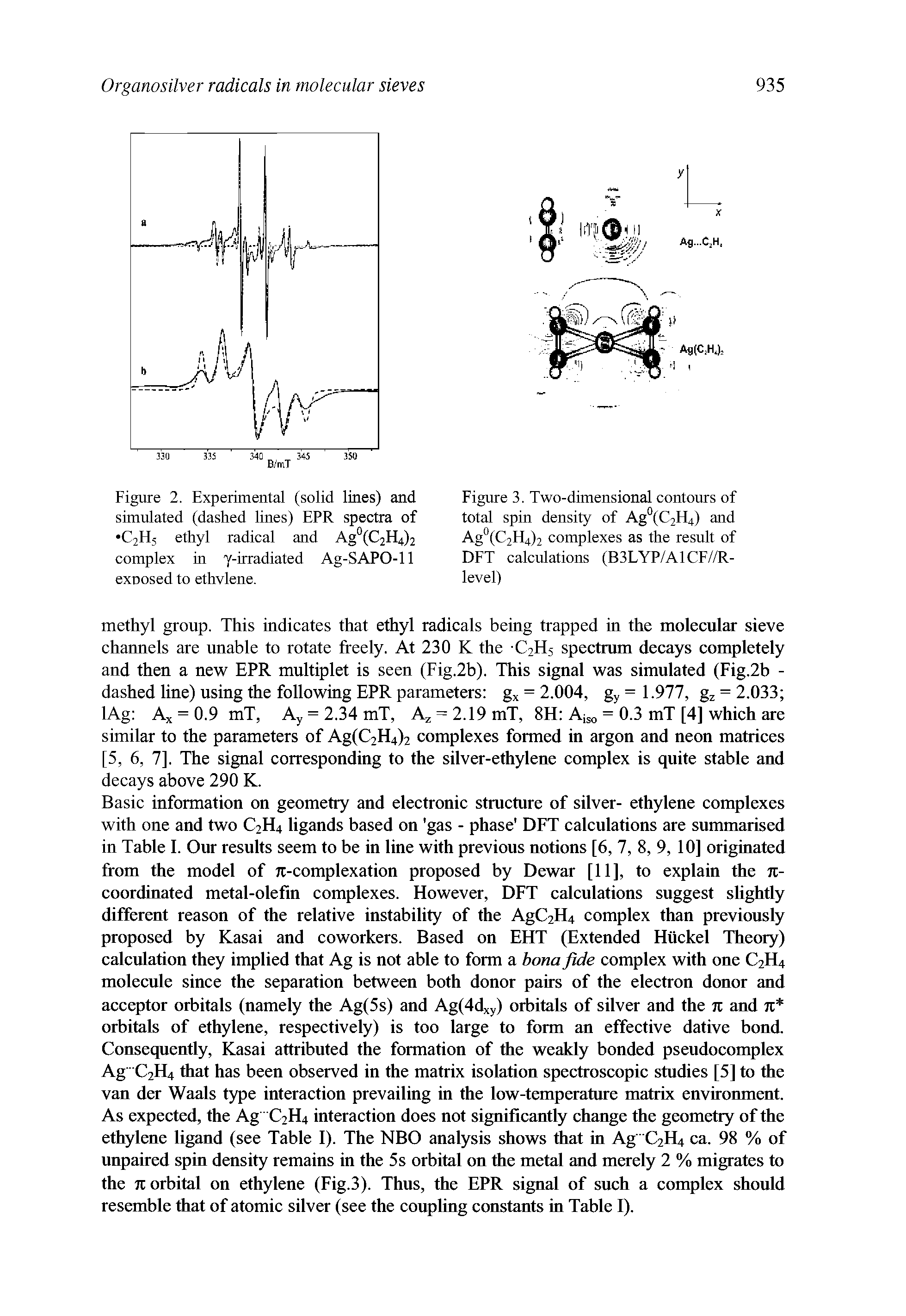 Figure 3. Two-dimensional contours of total spin density of Ag°(C2Fl4) and Ag°(C2Fl4)2 complexes as the result of DFT calculations (B3LYP/A1CF//R-level)...
