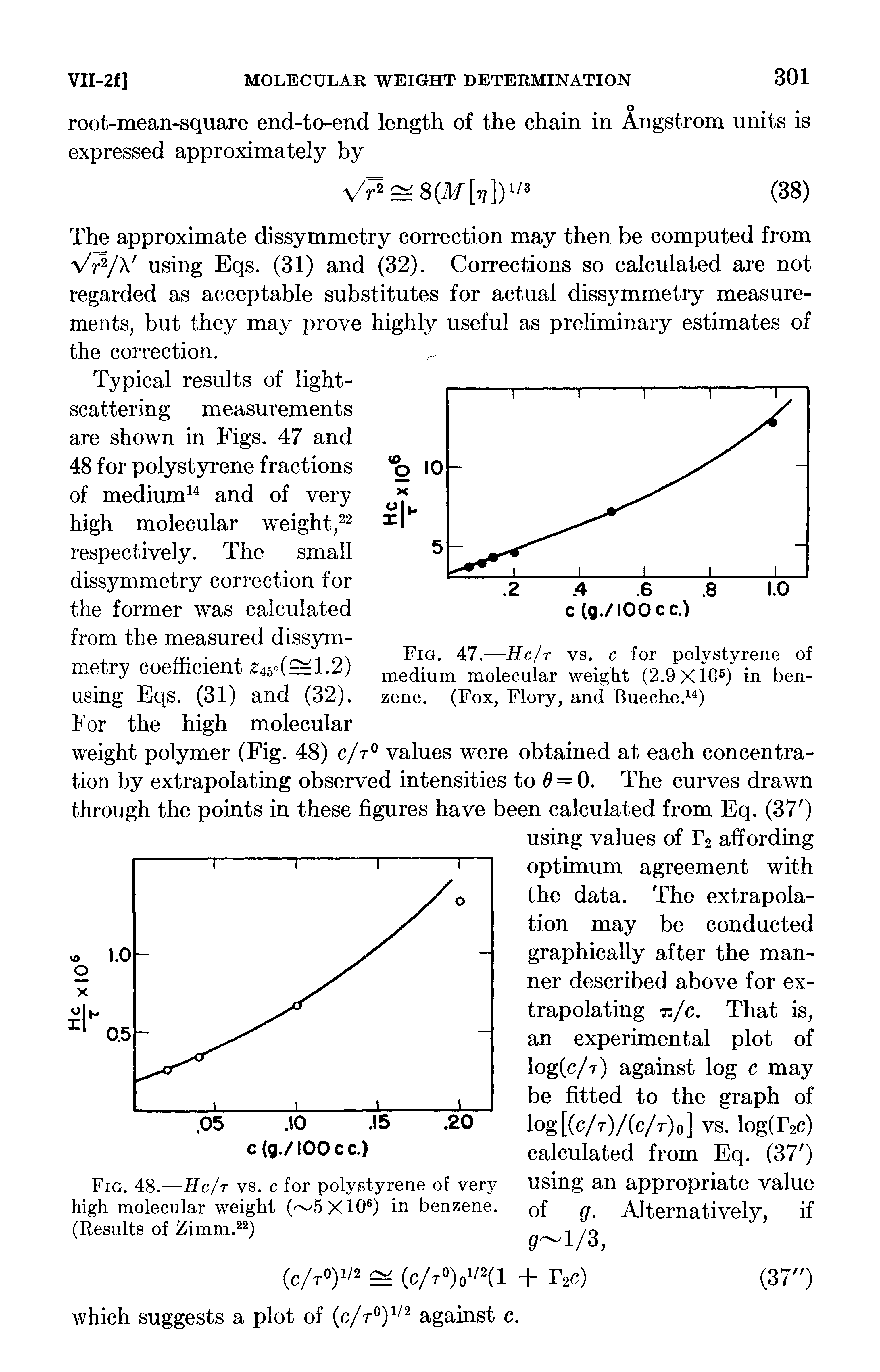 Fig. 48.—Hc/t vs. c for polystyrene of very high molecular weight ( 5X10 ) in benzene. (Results of Zimm.22)...