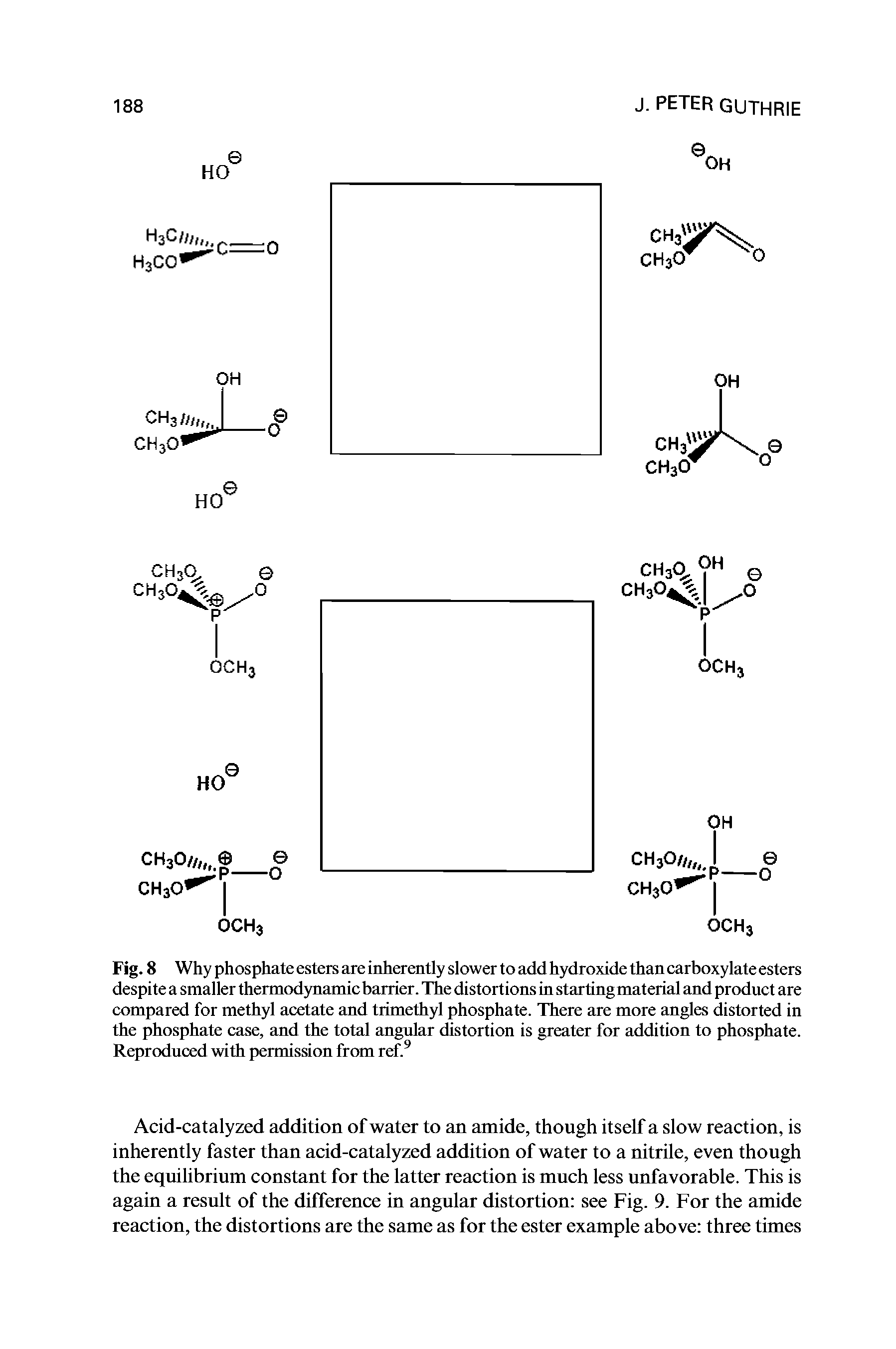 Fig. 8 Why phosphate esters are inherently slower to add hydroxide than carboxylate esters despite a smaller thermodynamic barrier. The distortions in starting material and product are compared for methyl acetate and trimethyl phosphate. There are more angles distorted in the phosphate case, and the total angular distortion is greater for addition to phosphate. Reproduced with permission from ref.9...