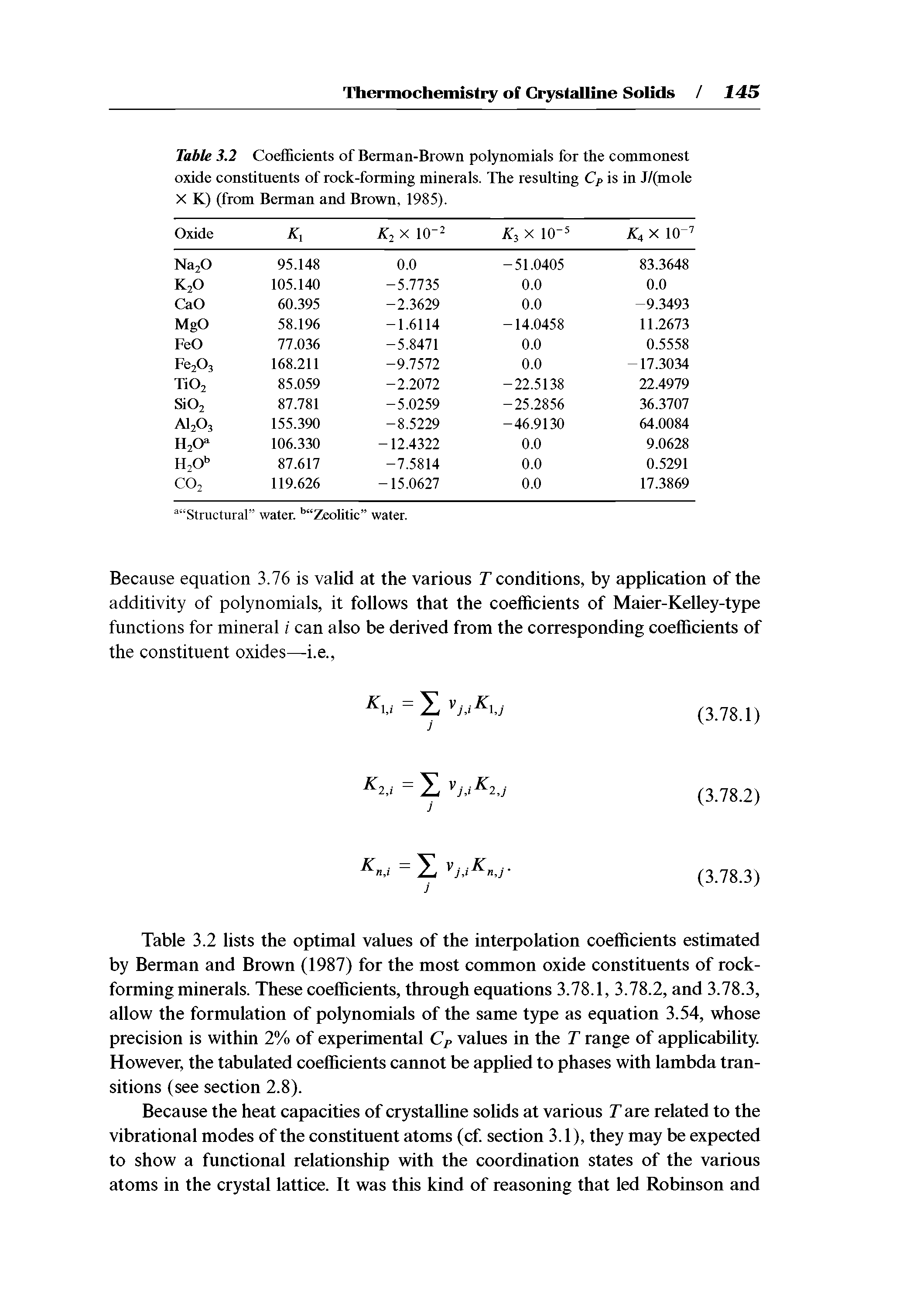 Table 3.2 Coefficients of Berman-Brown polynomials for the commonest oxide constitnents of rock-forming minerals. The resulting Cp is in J/(mole X K) (from Berman and Brown, 1985).