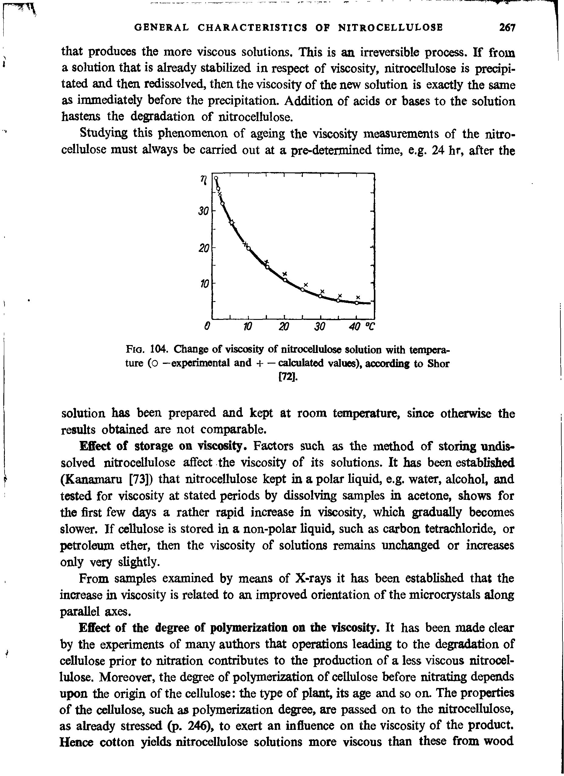 Fig. 104. Change of viscosity of nitrocellulose solution with temperature (o —experimental and h— calculated values), according to Shor...