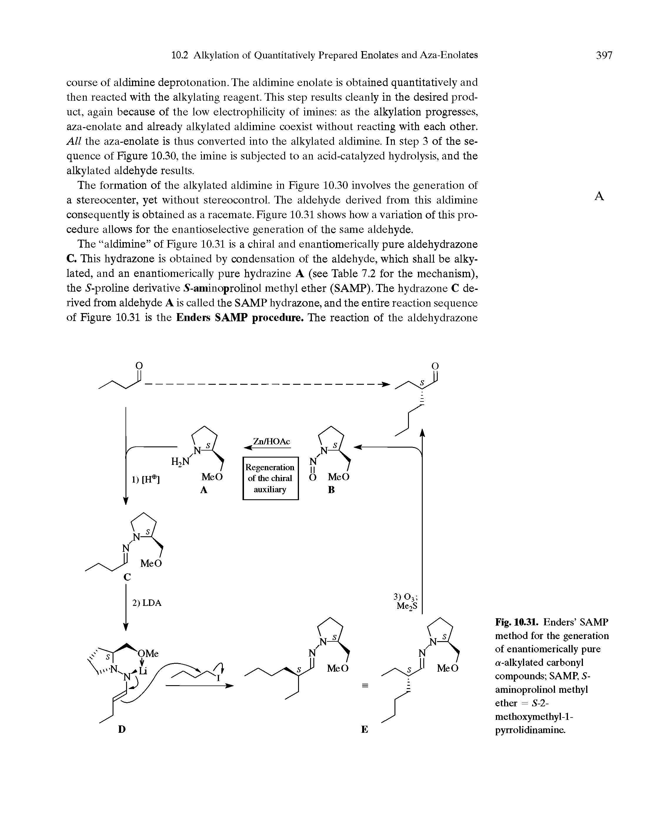 Fig. 10.31. Enders SAMP method for the generation of enantiomerically pure a-alkylated carbonyl compounds SAMP, S-aminoprolinol methyl ether = S-2-methoxymethyl-1 -pyrrolidinamine.