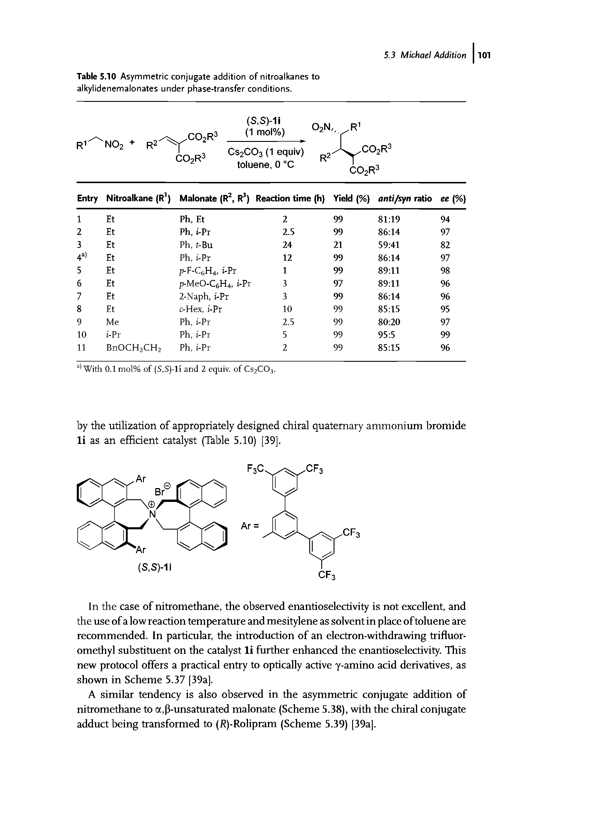 Table 5.10 Asymmetric conjugate addition of nitroalkanes to alkylidenemalonates under phase-transfer conditions.