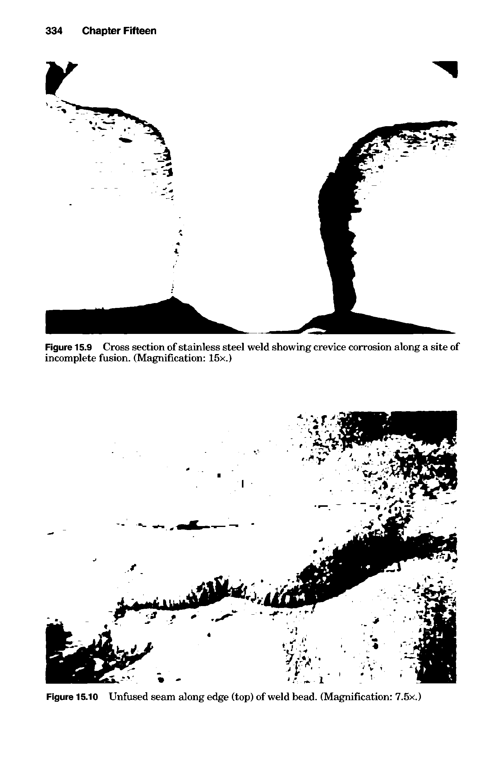 Figure 15.9 Cross section of stainless steel weld showing crevice corrosion along a site of incomplete fusion. (Magnification 15x.)...