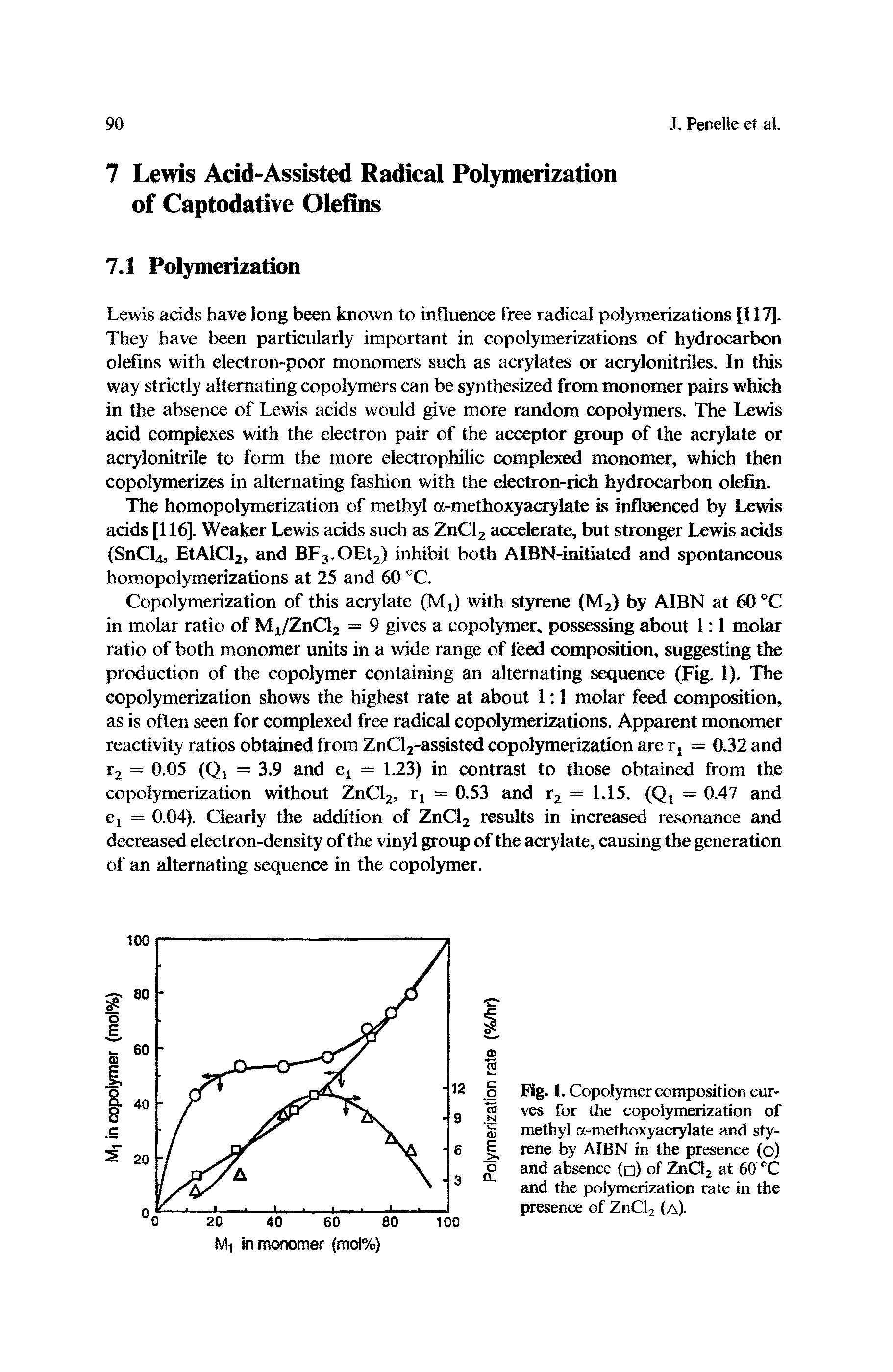 Fig. 1. Copolymer composition curves for the copolymerization of methyl a-methoxyacrylate and styrene by AIBN in the presence (o) and absence ( ) of ZnCl2 at 60 °C and the polymerization rate in the presence of ZnCl2 (a).
