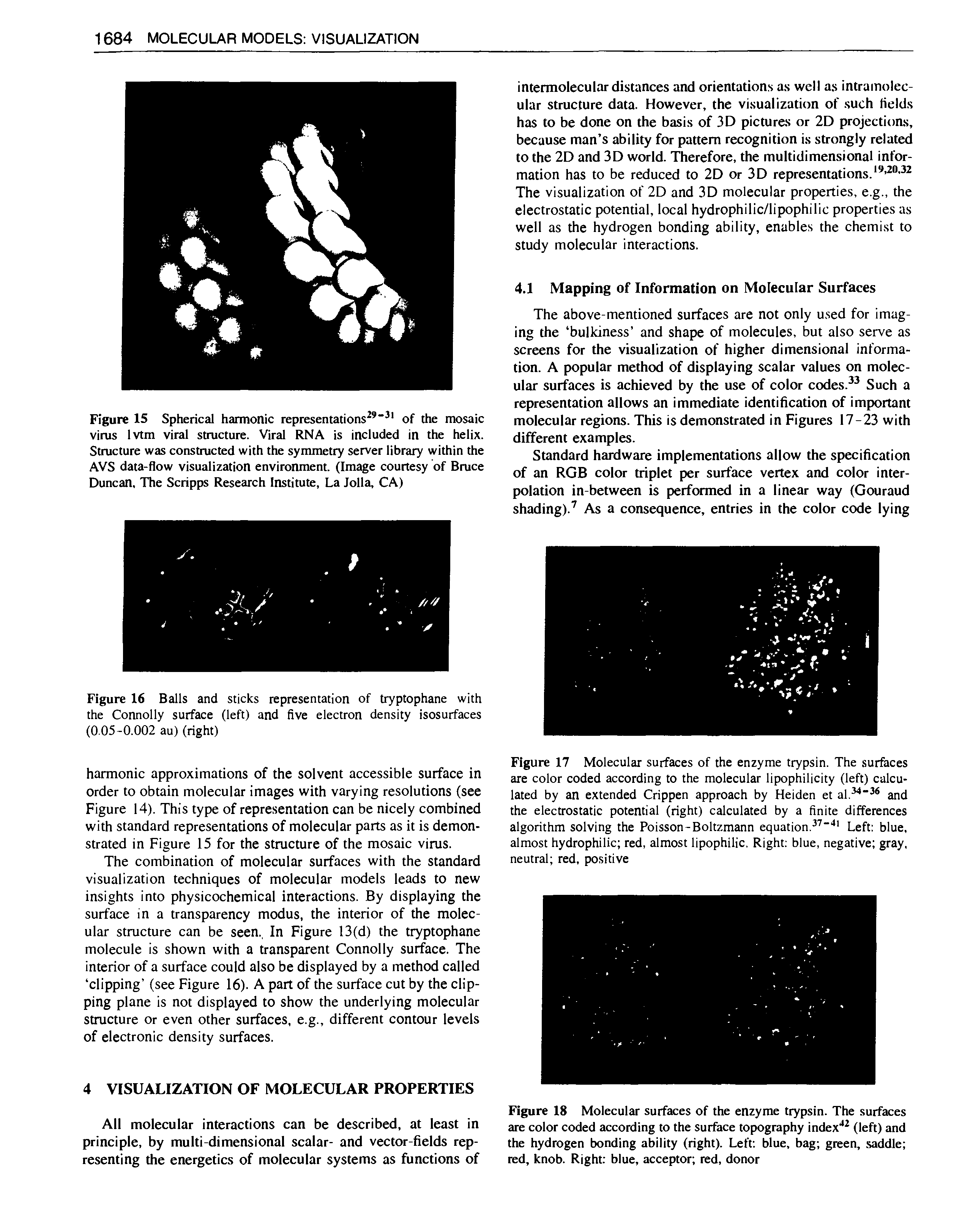 Figure 17 Molecular surfaces of the enzyme trypsin. The surfiices are color coded according to the molecular lipophilicity (left) calculated by an extended Crippen approach by Heiden et al. " and the electrostatic potential (right) calculated by a finite differences algorithm solving the Poisson-Boltzmann equation. " " Left blue, almost hydrophilic red, almost lipophilic. Right blue, negative gray, neutral red, positive...