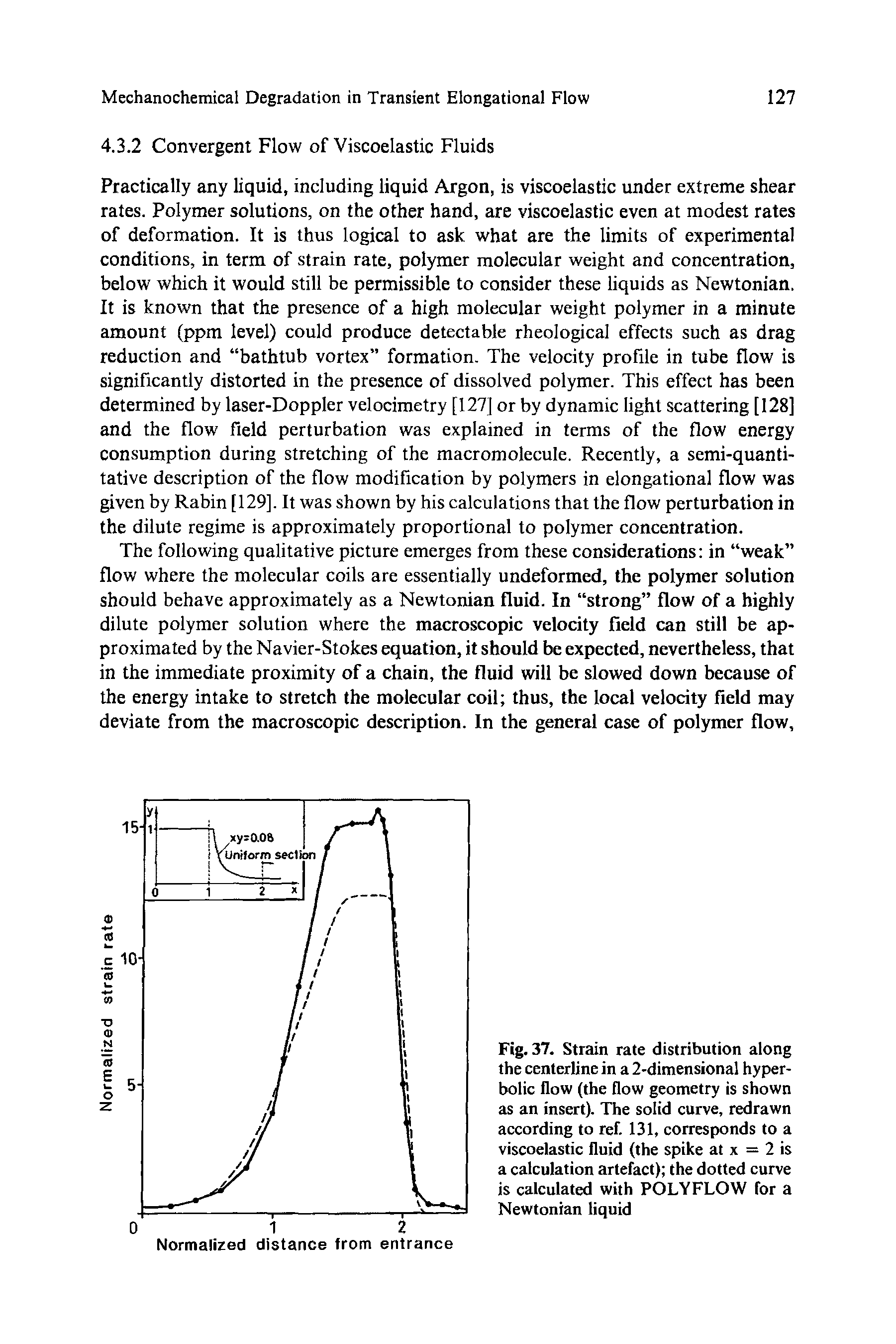 Fig. 37. Strain rate distribution along the centerline in a 2-dimensional hyperbolic flow (the flow geometry is shown as an insert). The solid curve, redrawn according to ref. 131, corresponds to a viscoelastic fluid (the spike at x = 2 is a calculation artefact) the dotted curve is calculated with POLYFLOW for a Newtonian liquid...