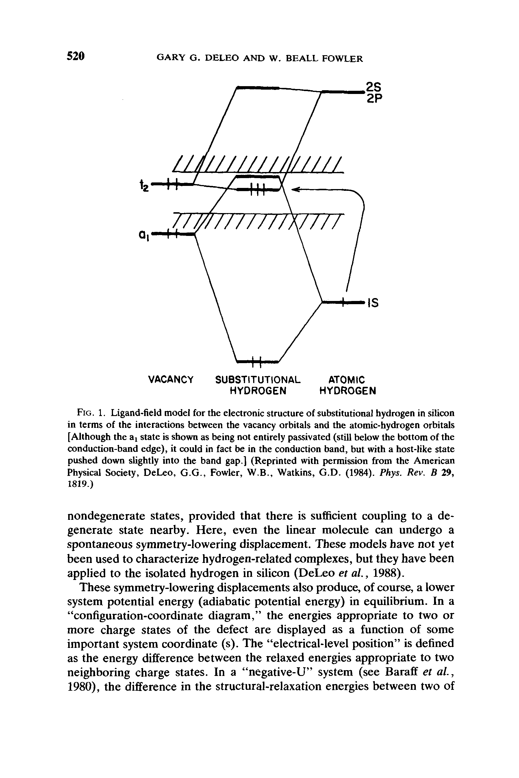 Fig. 1. Ligand-field model for the electronic structure of substitutional hydrogen in silicon in terms of the interactions between the vacancy orbitals and the atomic-hydrogen orbitals [Although the a state is shown as being not entirely passivated (still below the bottom of the conduction-band edge), it could in fact be in the conduction band, but with a host-like state pushed down slightly into the band gap.] (Reprinted with permission from the American Physical Society, DeLeo, G.G., Fowler, W.B., Watkins, G.D. (1984). Phys. Rev. B 29, 1819.)...