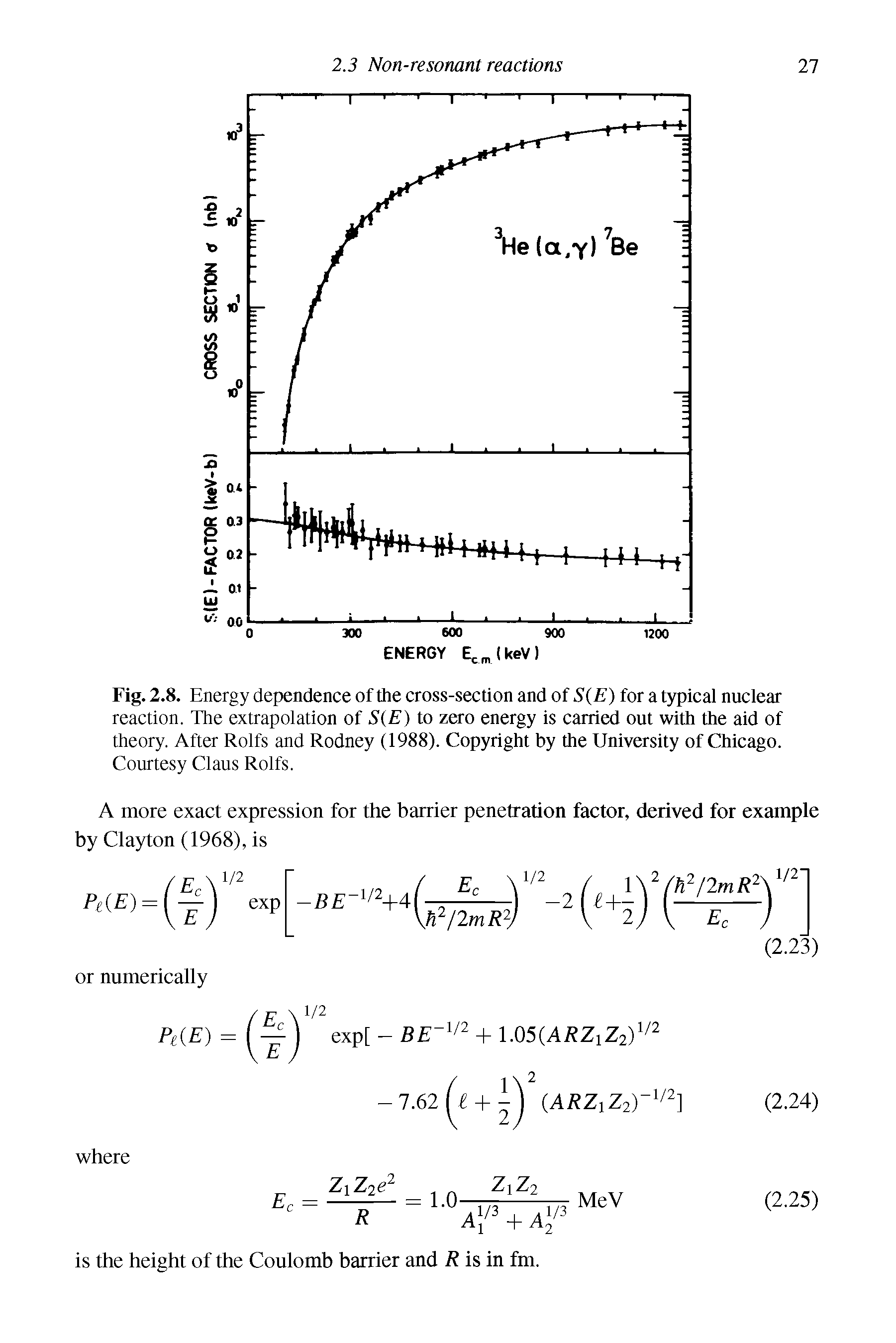 Fig. 2.8. Energy dependence of the cross-section and of S(E) for a typical nuclear reaction. The extrapolation of S(E) to zero energy is carried out with the aid of theory. After Rolfs and Rodney (1988). Copyright by the University of Chicago.