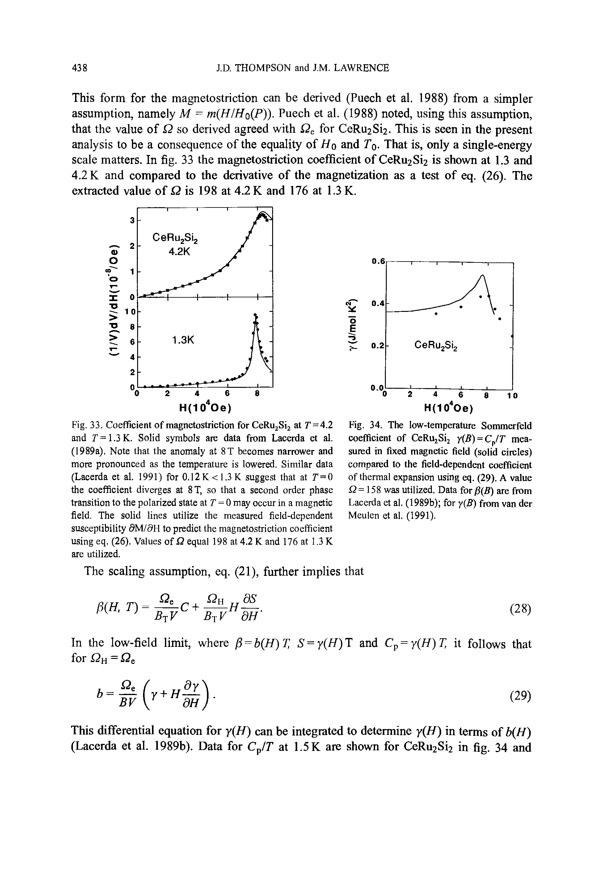 Fig. 33. Coefficient of magnetostriction for CeRUjSij at 7 = 4.2 and 7 =1.3K. Solid symbols are data from Lacerda et al. (1989a). Note that the anomaly at 8T becomes narrower and more pronounced as the temperature is lowered. Similar data (Lacerda et al. 1991) for 0.12K<I.3K suggest that at T = 0 the coefficient diverges at 8T, so that a second order phase transition to the polarized state at T = 0 may occur in a magnetic field. The solid lines utilize the measured field-dependent susceptibility 9M/9H to predict the magnetostriction coefficient using eq. (26). Values of Q equal 198 at 4.2 K and 176 at 1.3 K are utilized.