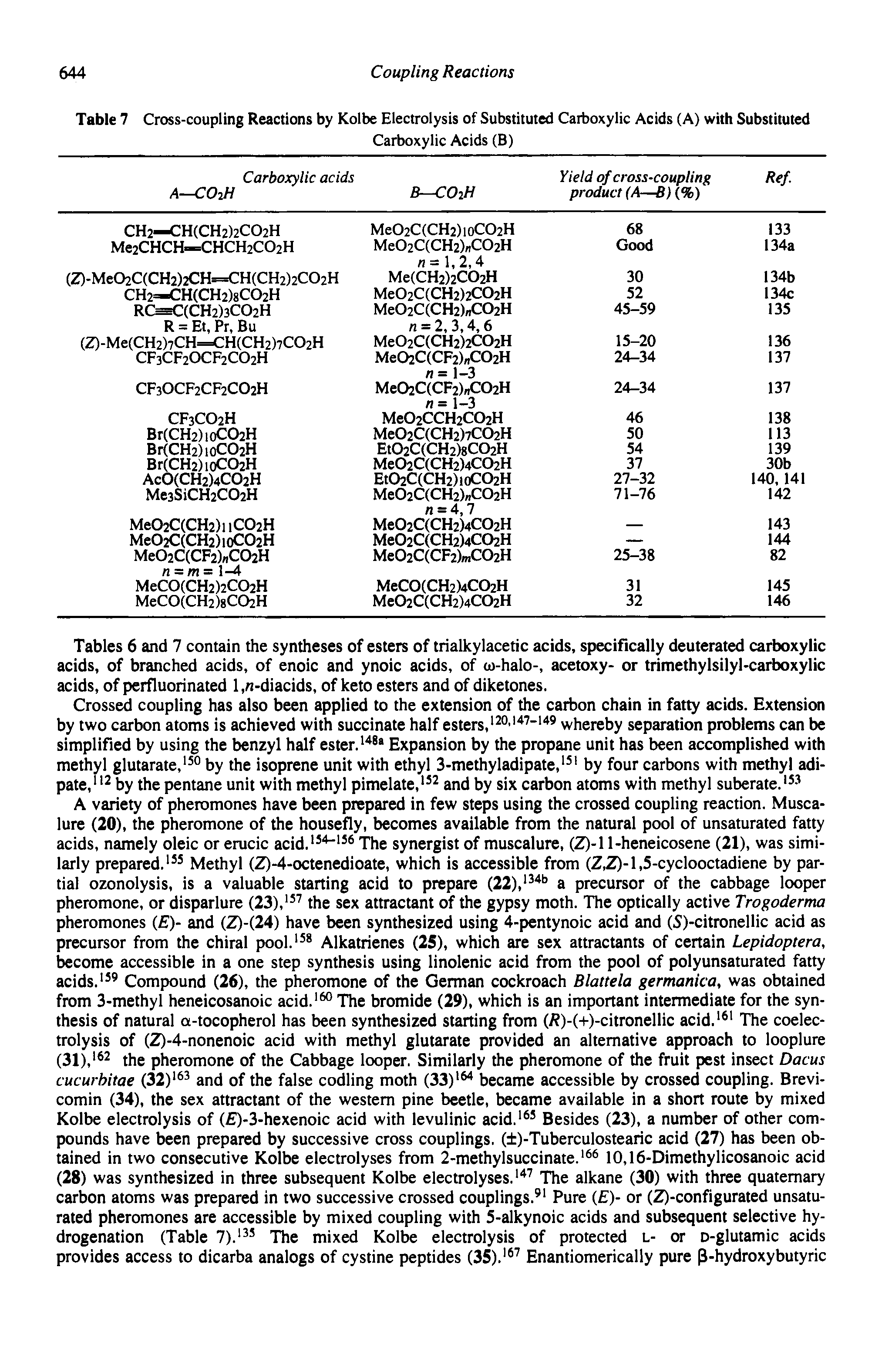 Tables 6 and 7 contain the syntheses of esters of trialkylacetic acids, specifically deuterated carboxylic acids, of branched acids, of enoic and ynoic acids, of w-halo-, acetoxy- or trimethylsilyl-carboxylic acids, of perfluorinated 1, n-diacids, of keto esters and of diketones.