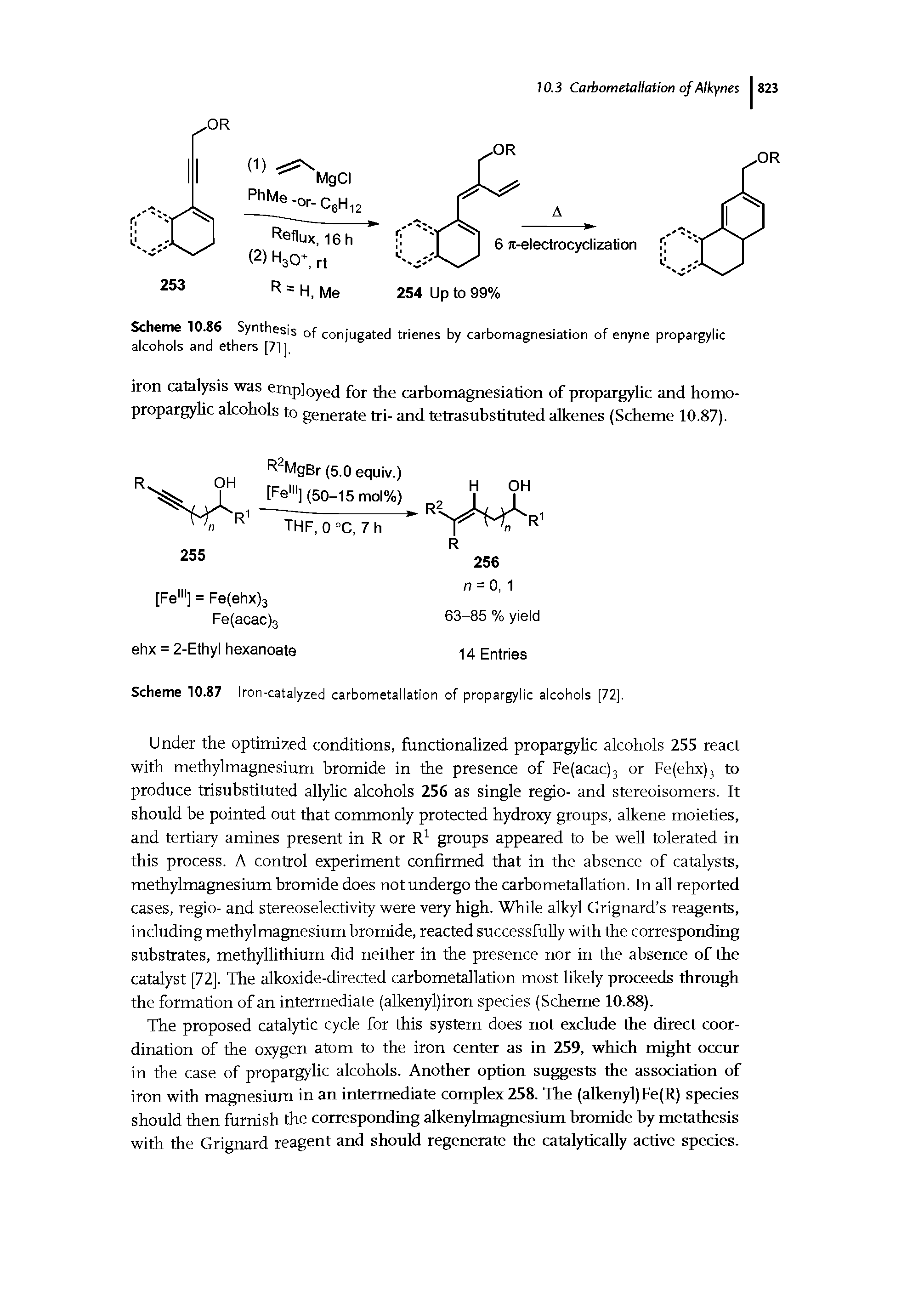 Scheme 10.87 Iron-catalyzed carbometallation of propargylic alcohols [72].