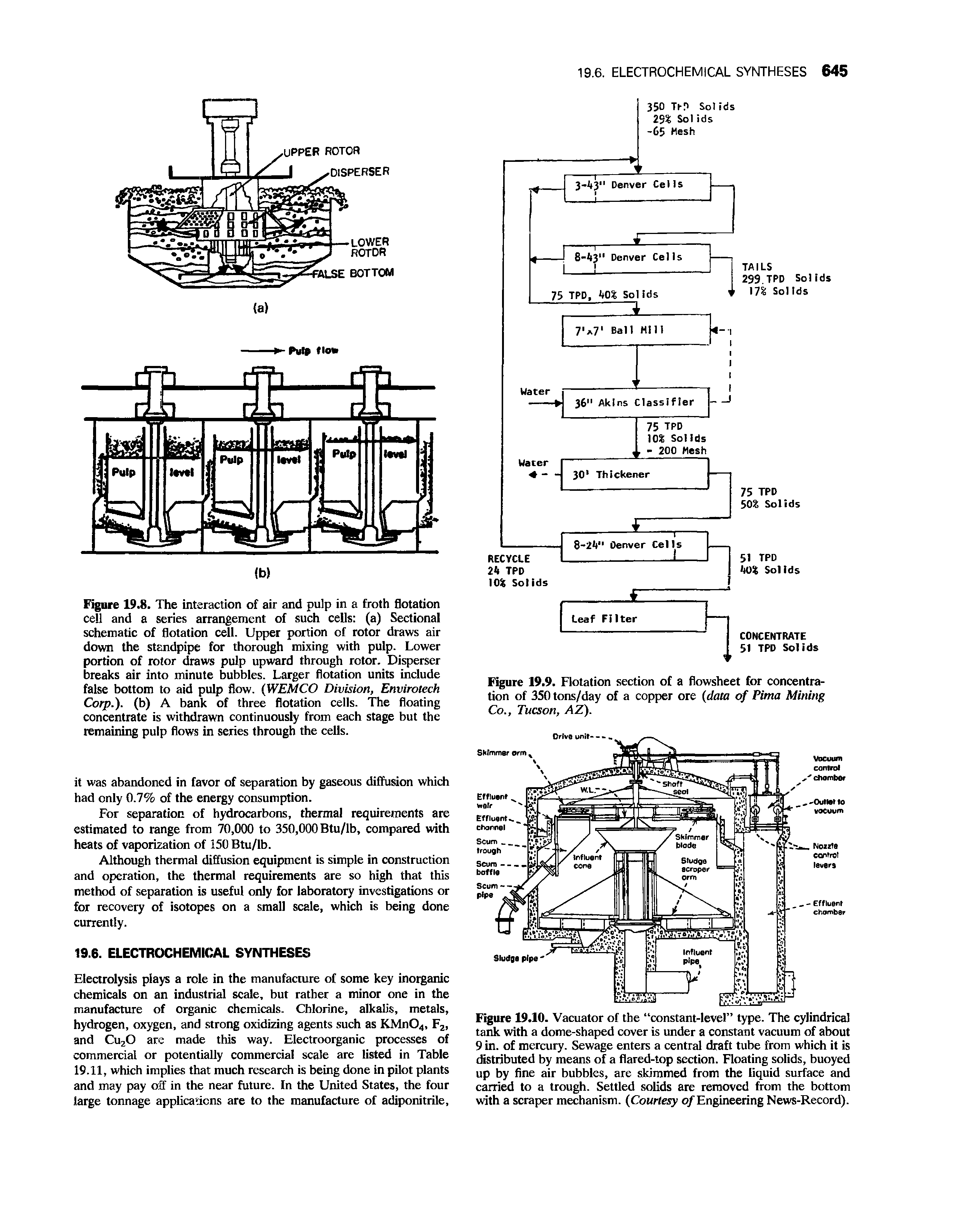 Figure 19.10. Vacuator of the constant-level type. The cylindrical tank with a dome-shaped cover is under a constant vacuum of about 9 in. of mercury. Sewage enters a central draft tube from which it is distributed by means of a flared-top section. Floating solids, buoyed up by fine air bubbles, are skimmed from the liquid surface and carried to a trough. Settled solids are removed from the bottom with a scraper mechanism. (Courtesy of Engineering News-Record).