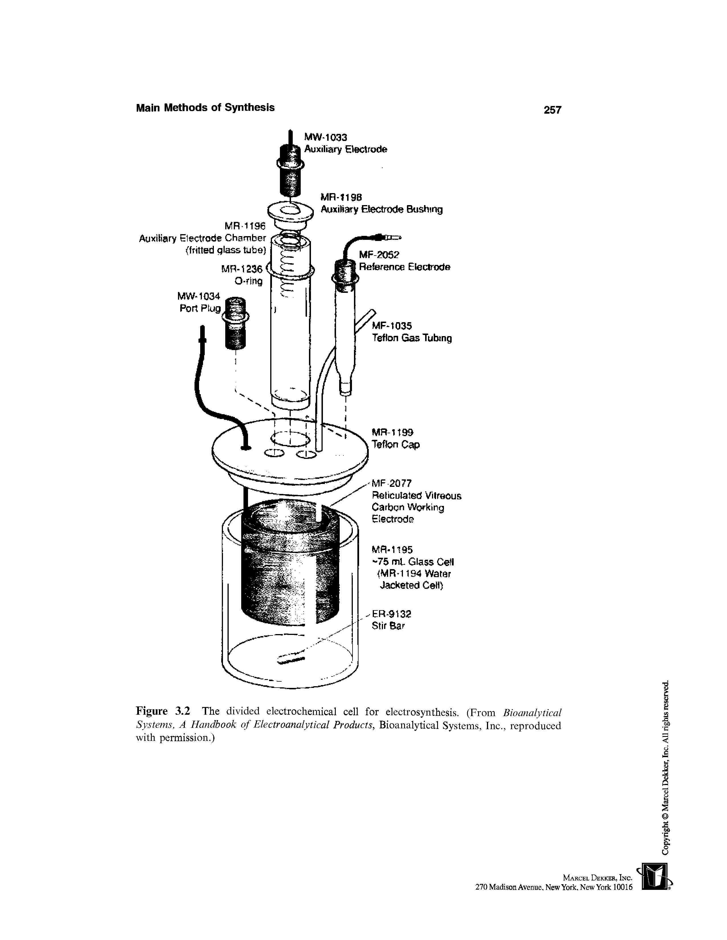 Figure 3.2 The divided electrochemical cell for electrosynthesis. (From Bioanalytical Systems, A Handbook of Electroanalytical Products, Bioanalytical Systems, Inc., reproduced with permission.)...